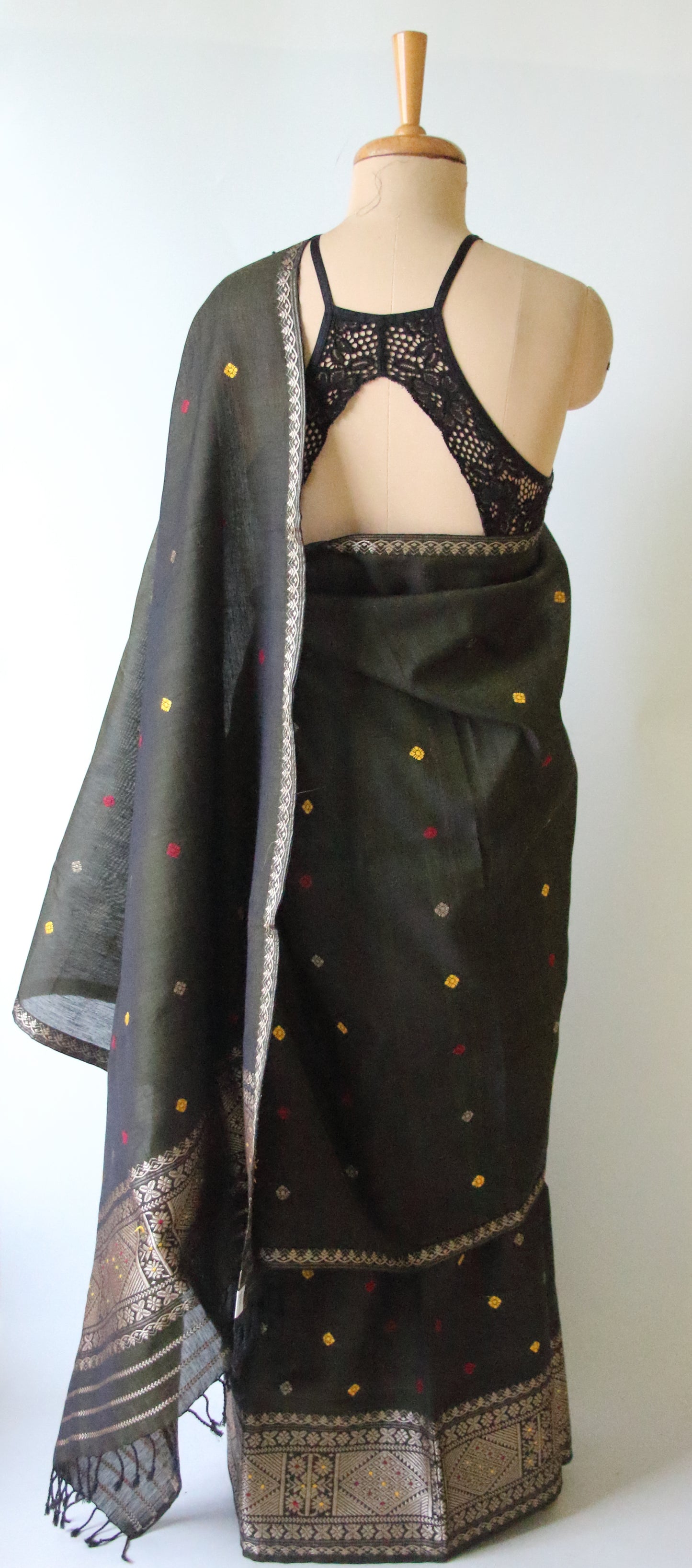 Bottle Green Natural dyed  Cotton Silk Handloom Mekhela Chador Set from Assam