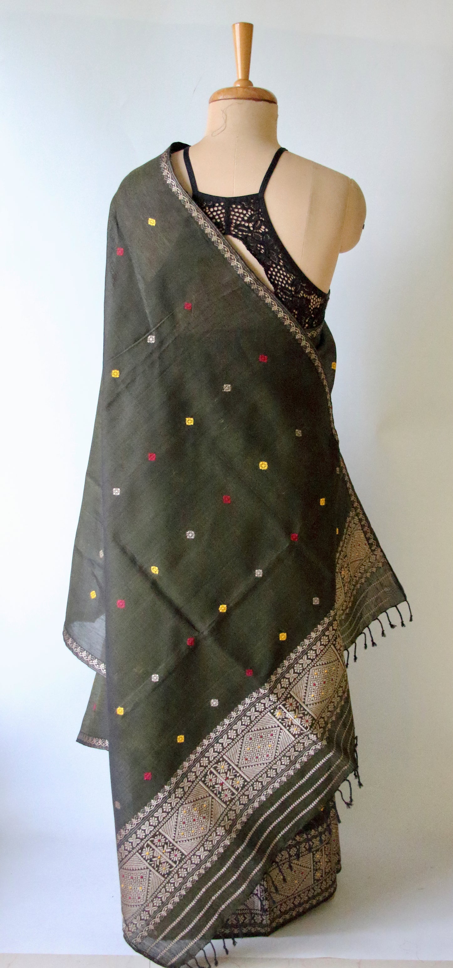 Bottle Green Natural dyed  Cotton Silk Handloom Mekhela Chador Set from Assam