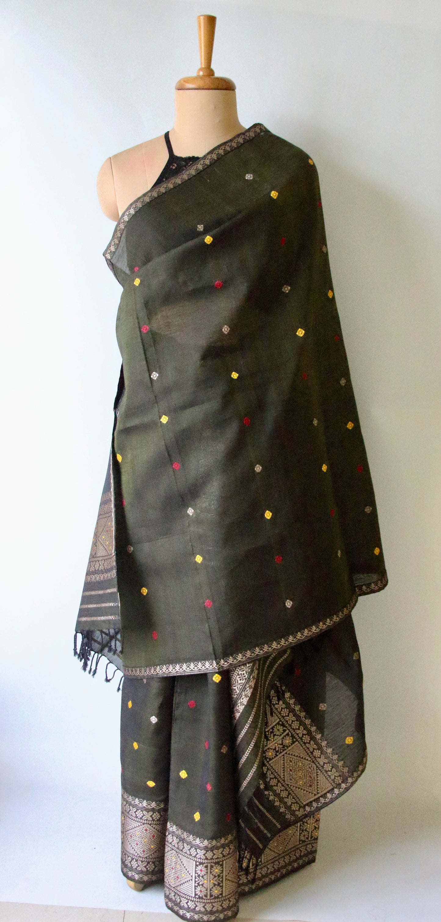 Bottle Green Natural dyed  Cotton Silk Handloom Mekhela Chador Set from Assam