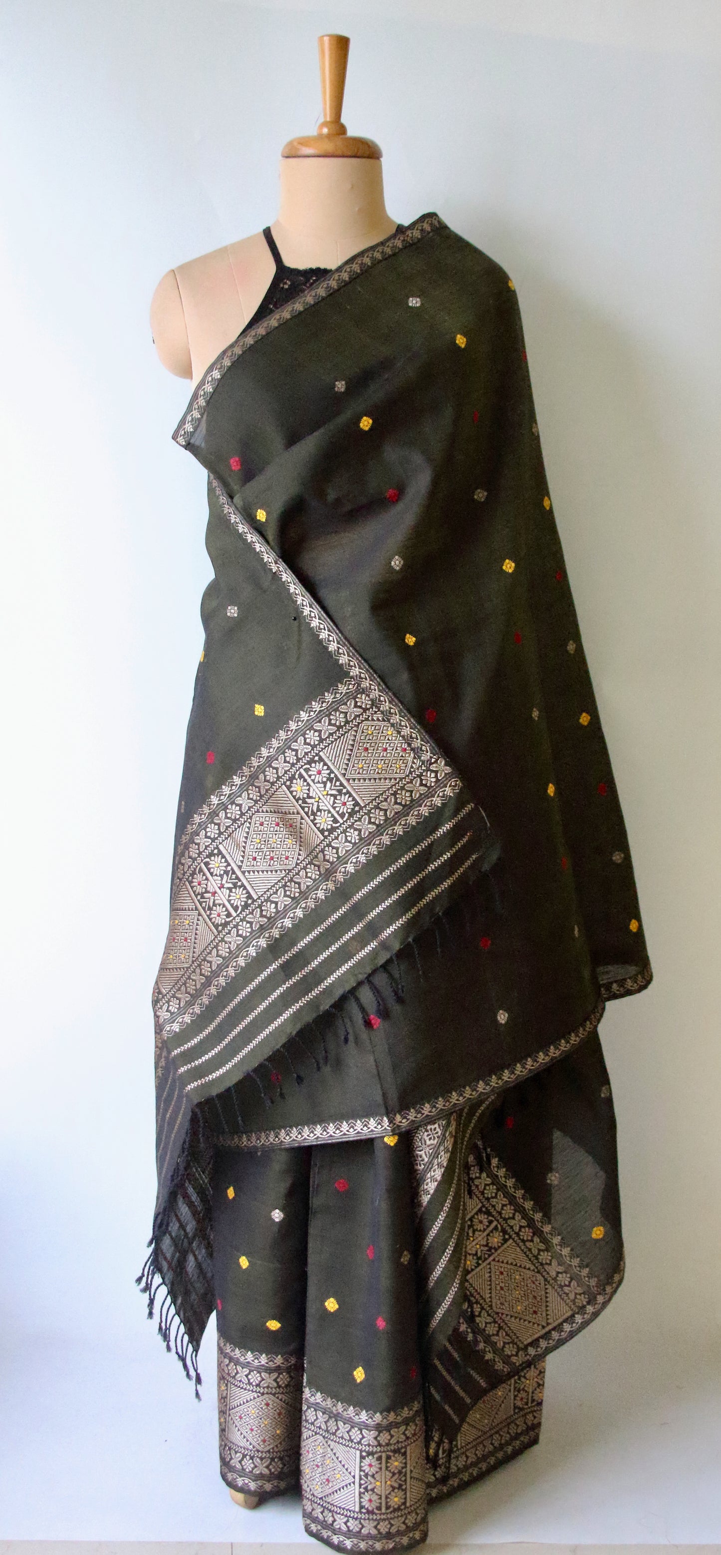 Bottle Green Natural dyed  Cotton Silk Handloom Mekhela Chador Set from Assam