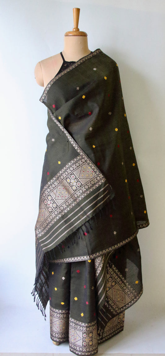 Bottle Green Natural dyed  Cotton Silk Handloom Mekhela Chador Set from Assam