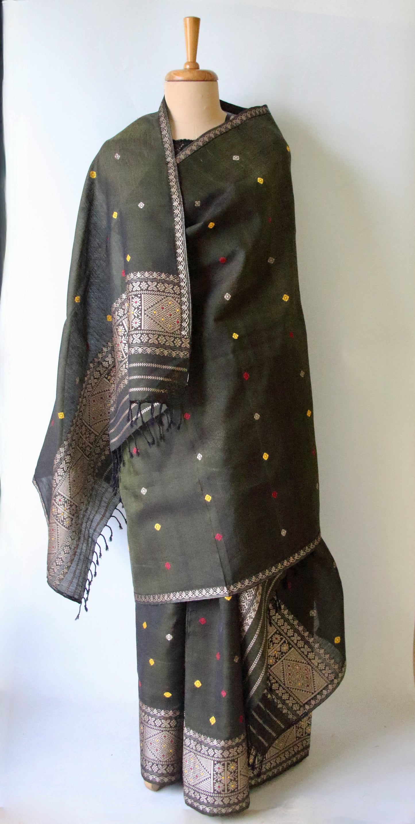 Bottle Green Natural dyed  Cotton Silk Handloom Mekhela Chador Set from Assam