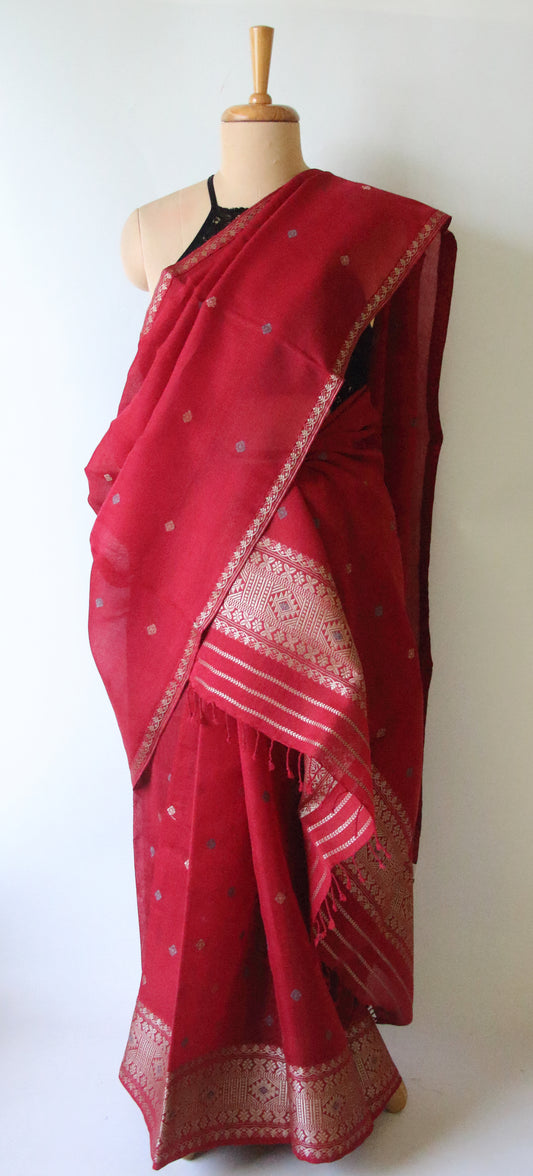 Maroon Natural dyed  Cotton Silk Handloom Mekhela Chador Set from Assam (Copy)