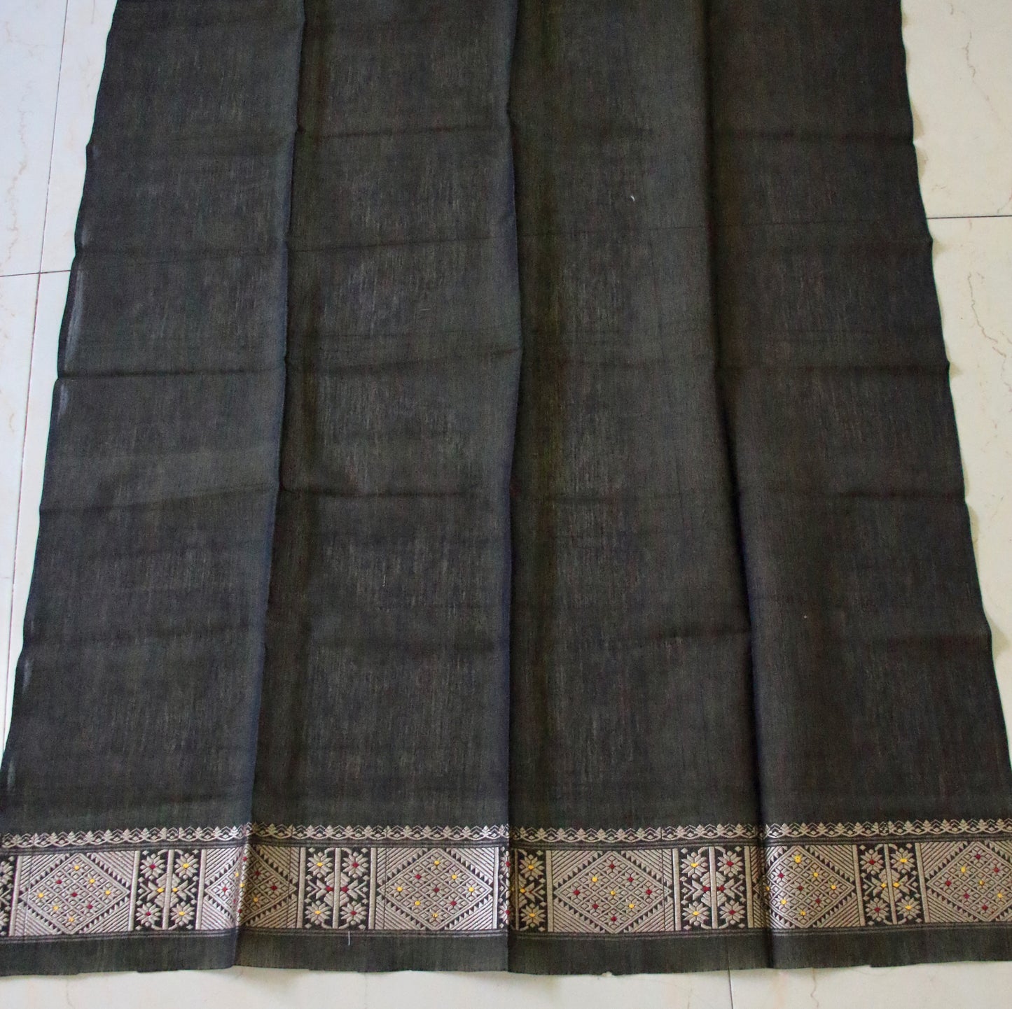 Bottle Green Natural dyed  Cotton Silk Handloom Mekhela Chador Set from Assam