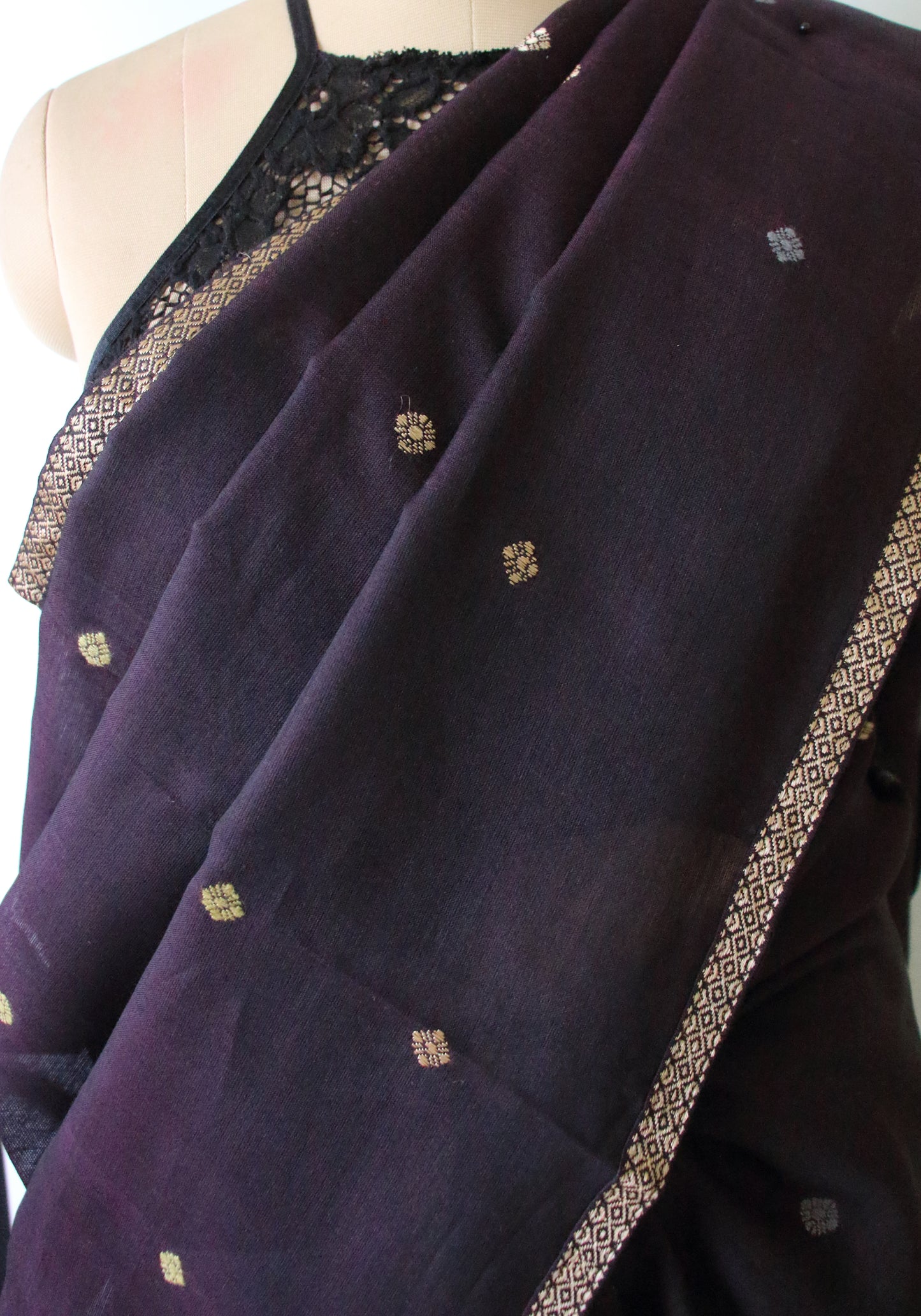 Dark Purple Natural dyed  Cotton Silk Handloom Mekhela Chador Set from Assam