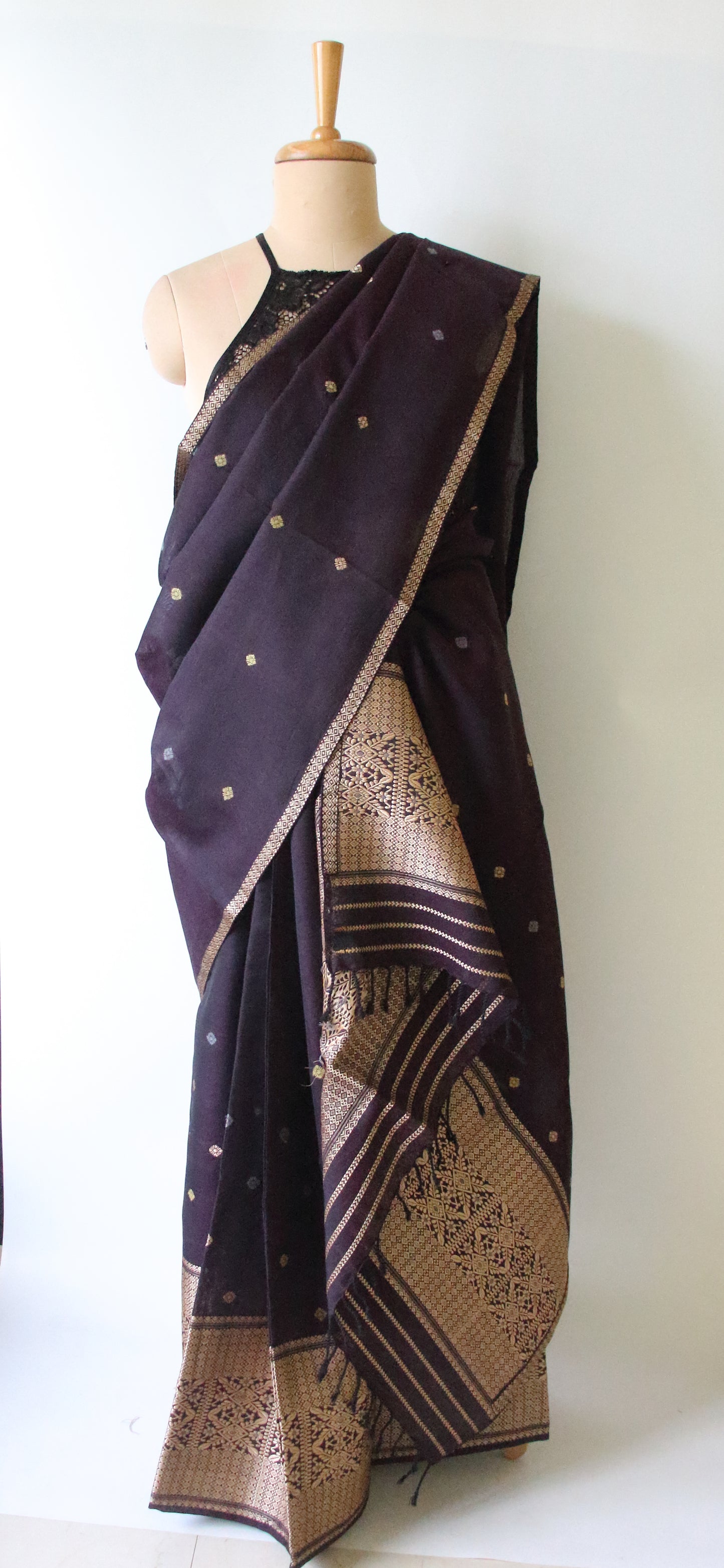 Dark Purple Natural dyed  Cotton Silk Handloom Mekhela Chador Set from Assam
