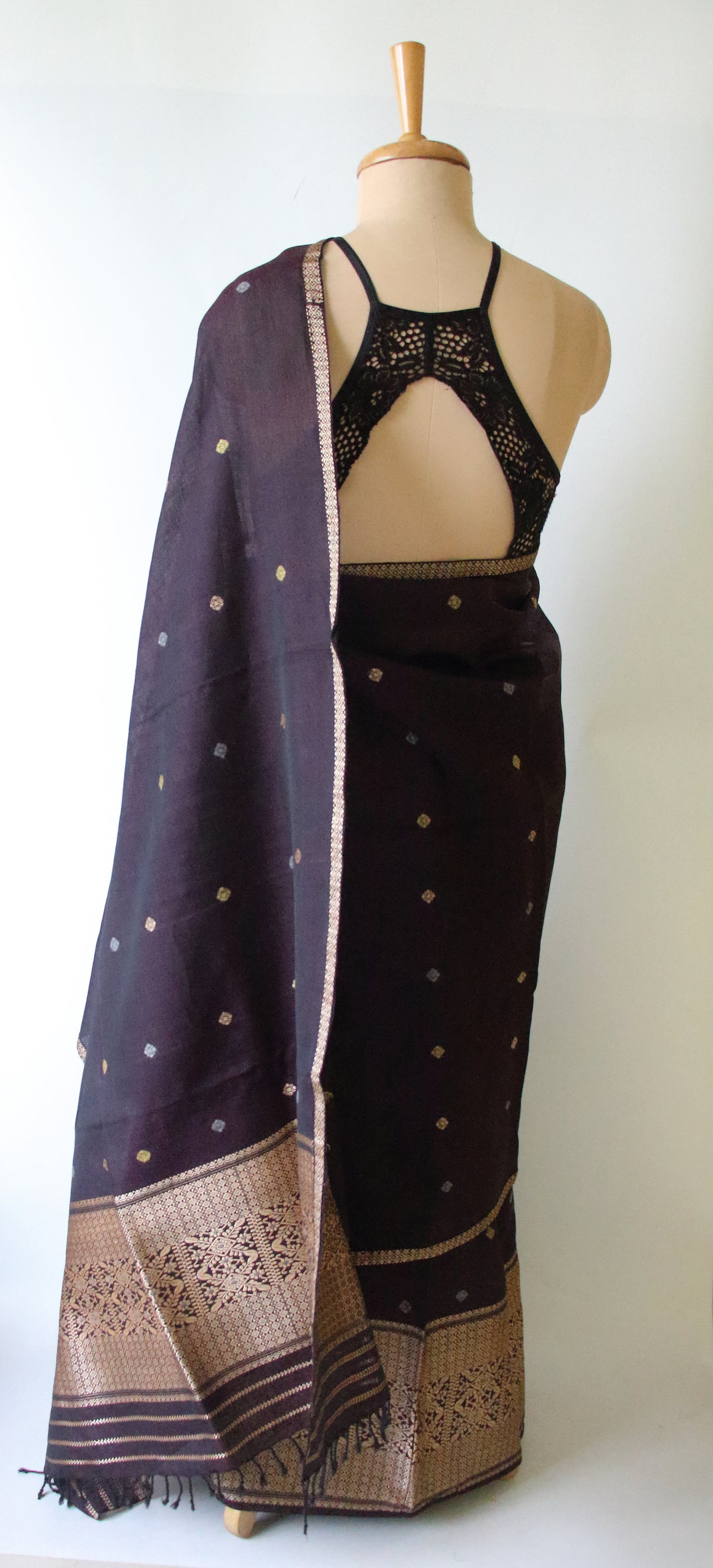 Dark Purple Natural dyed  Cotton Silk Handloom Mekhela Chador Set from Assam