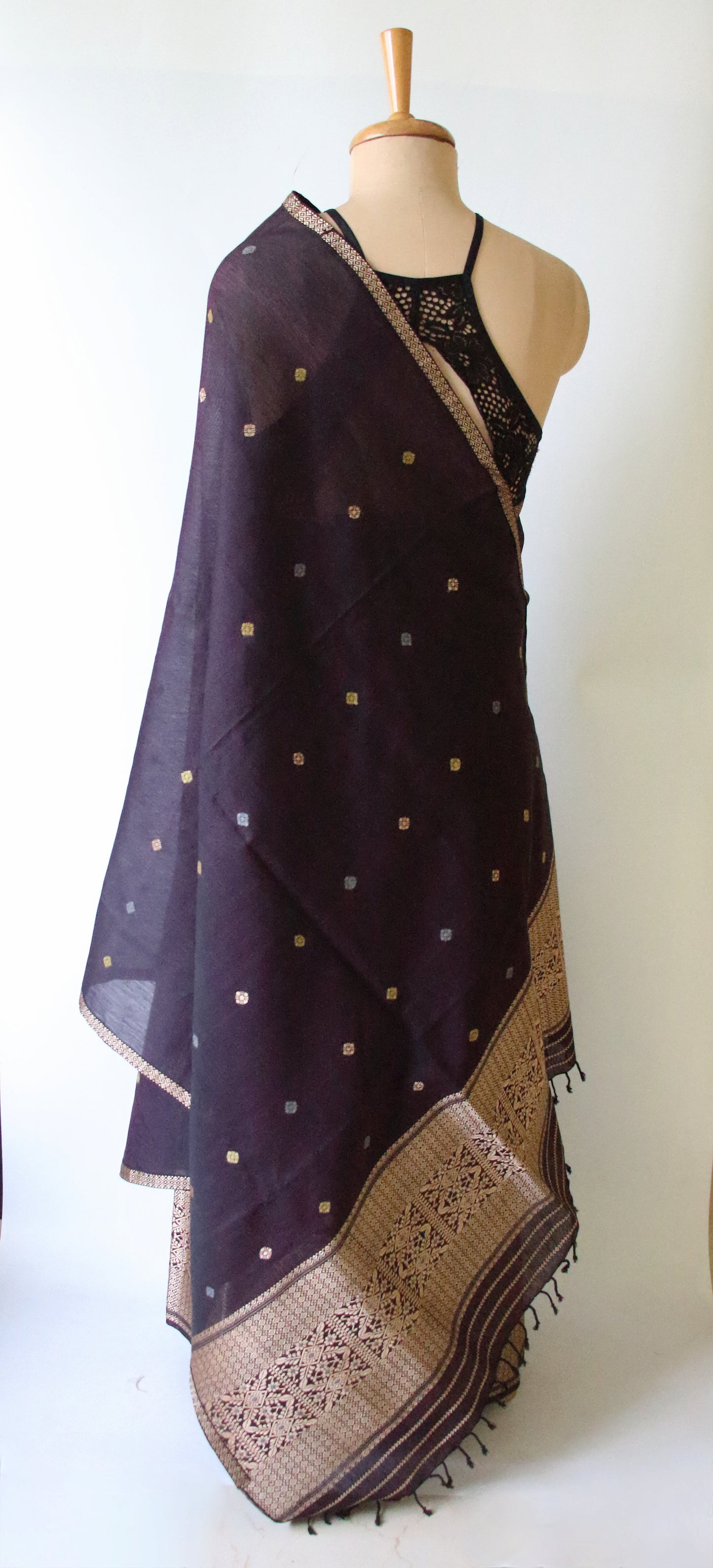 Dark Purple Natural dyed  Cotton Silk Handloom Mekhela Chador Set from Assam