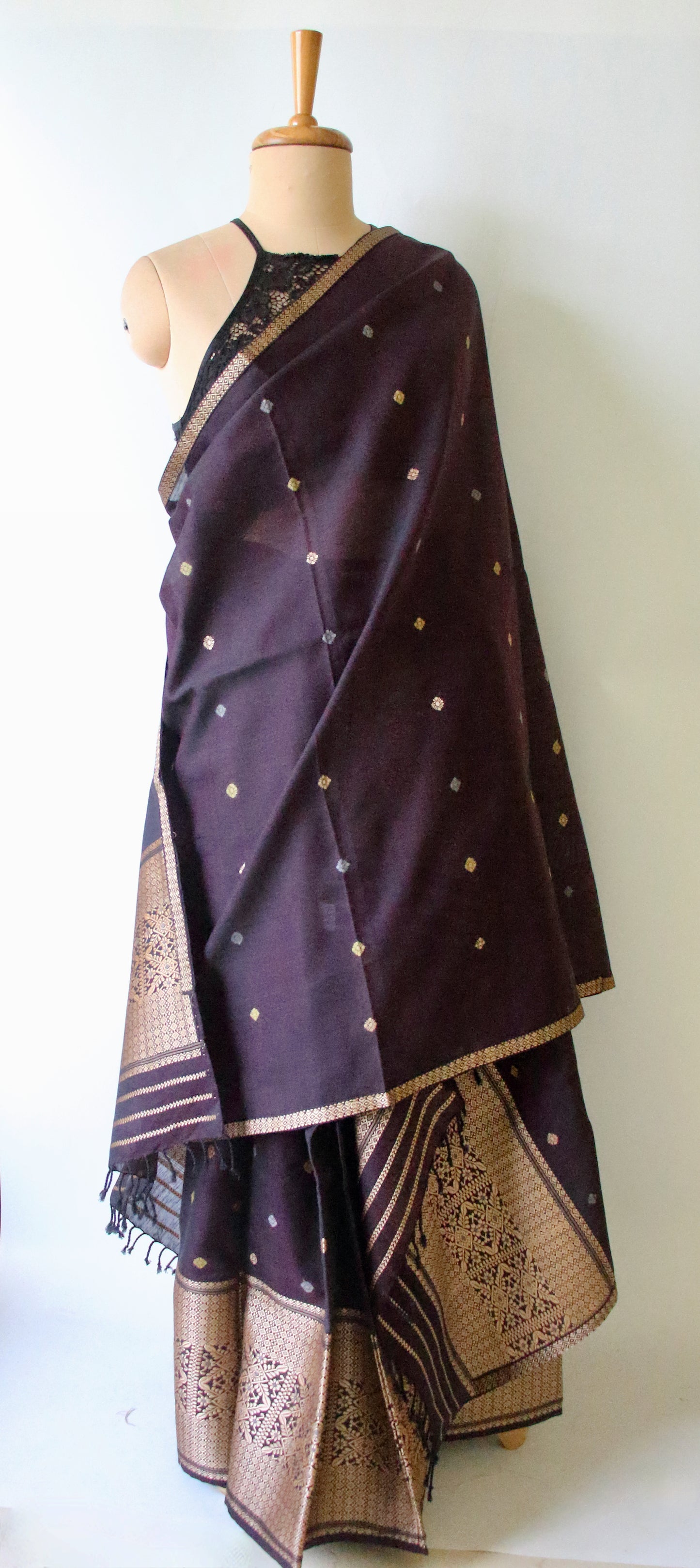 Dark Purple Natural dyed  Cotton Silk Handloom Mekhela Chador Set from Assam