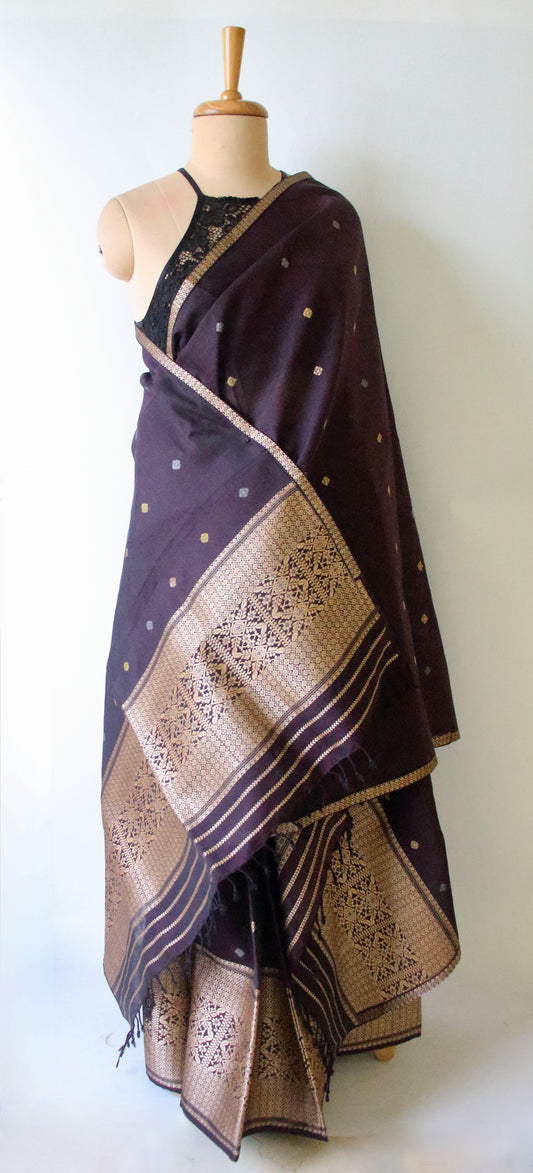 Dark Purple Natural dyed  Cotton Silk Handloom Mekhela Chador Set from Assam