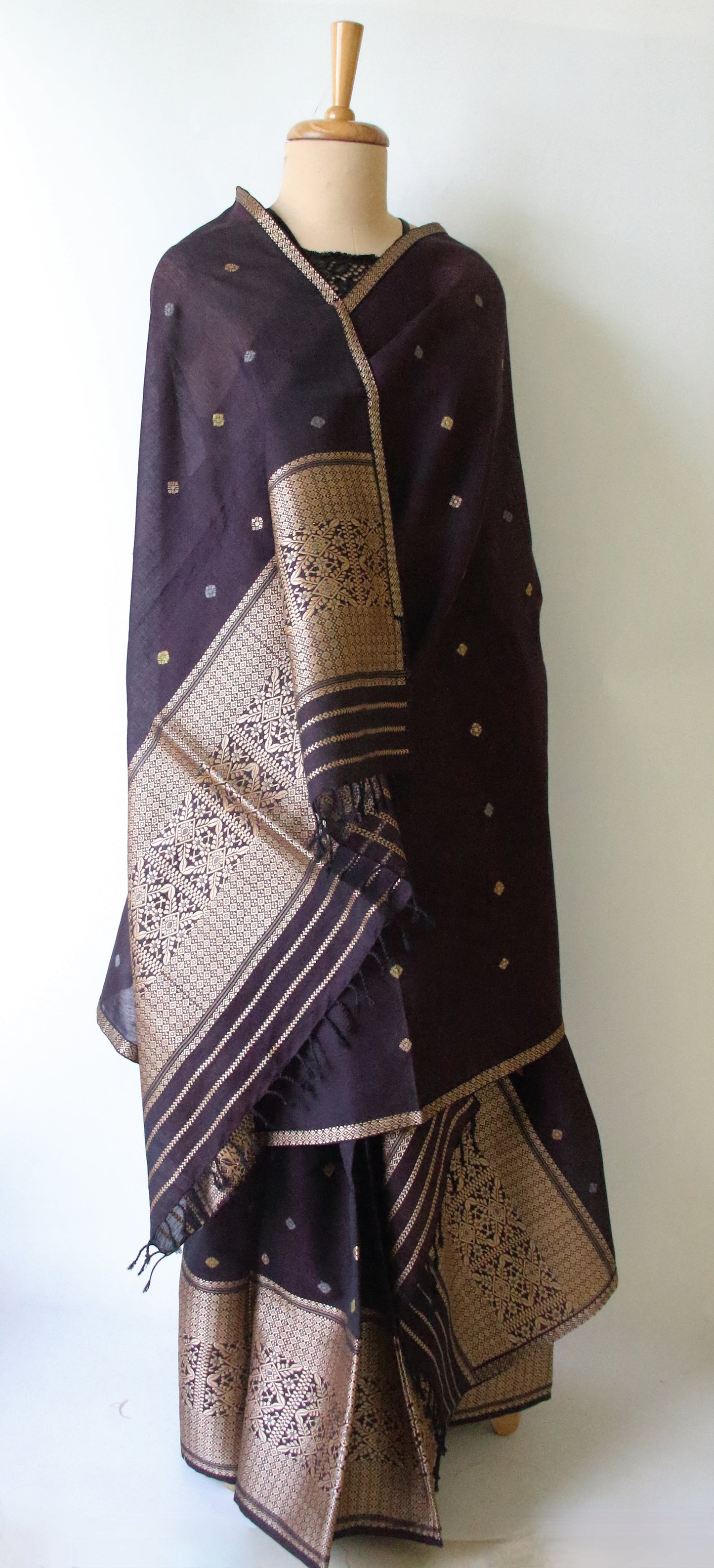 Dark Purple Natural dyed  Cotton Silk Handloom Mekhela Chador Set from Assam