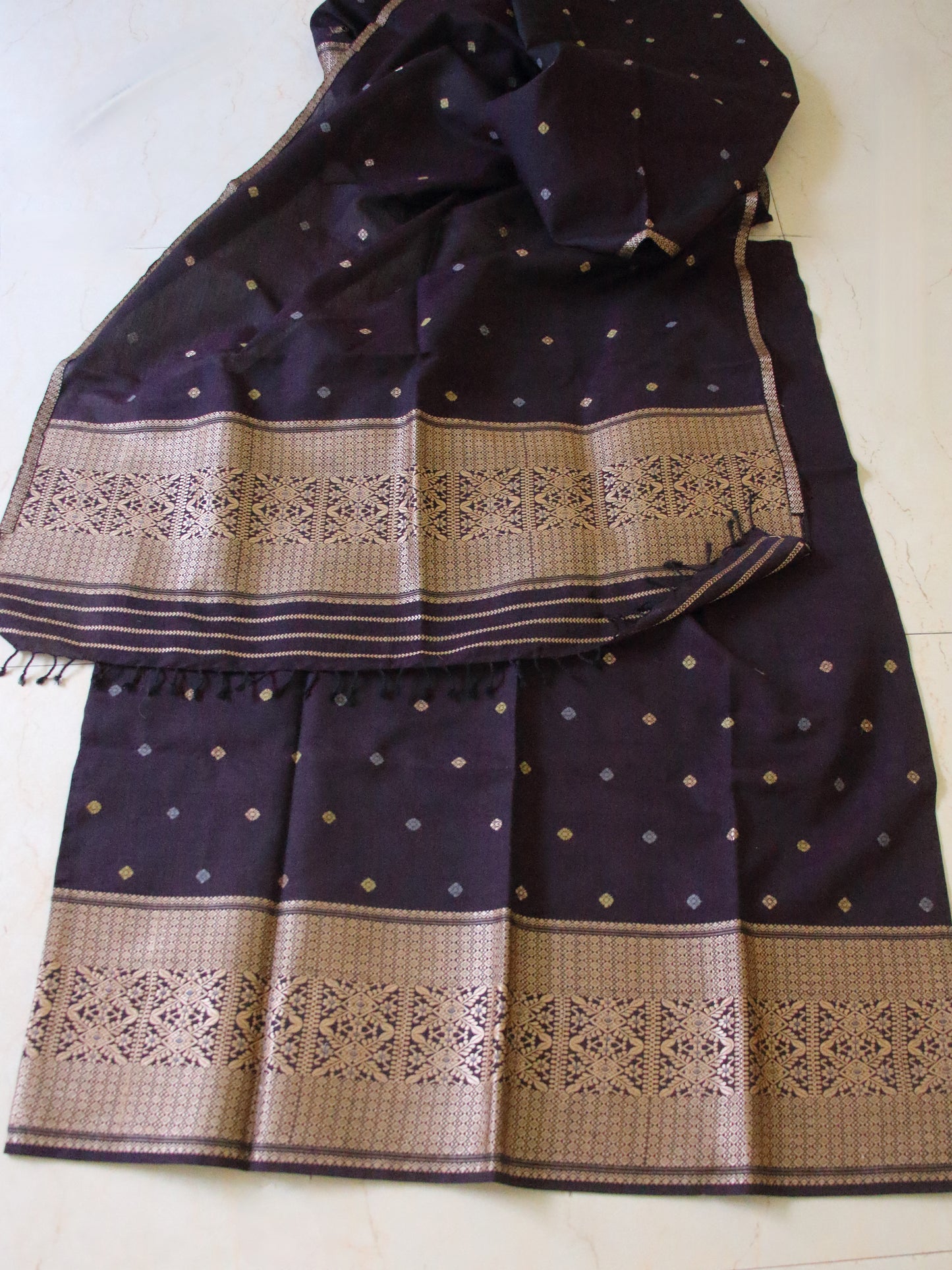 Dark Purple Natural dyed  Cotton Silk Handloom Mekhela Chador Set from Assam