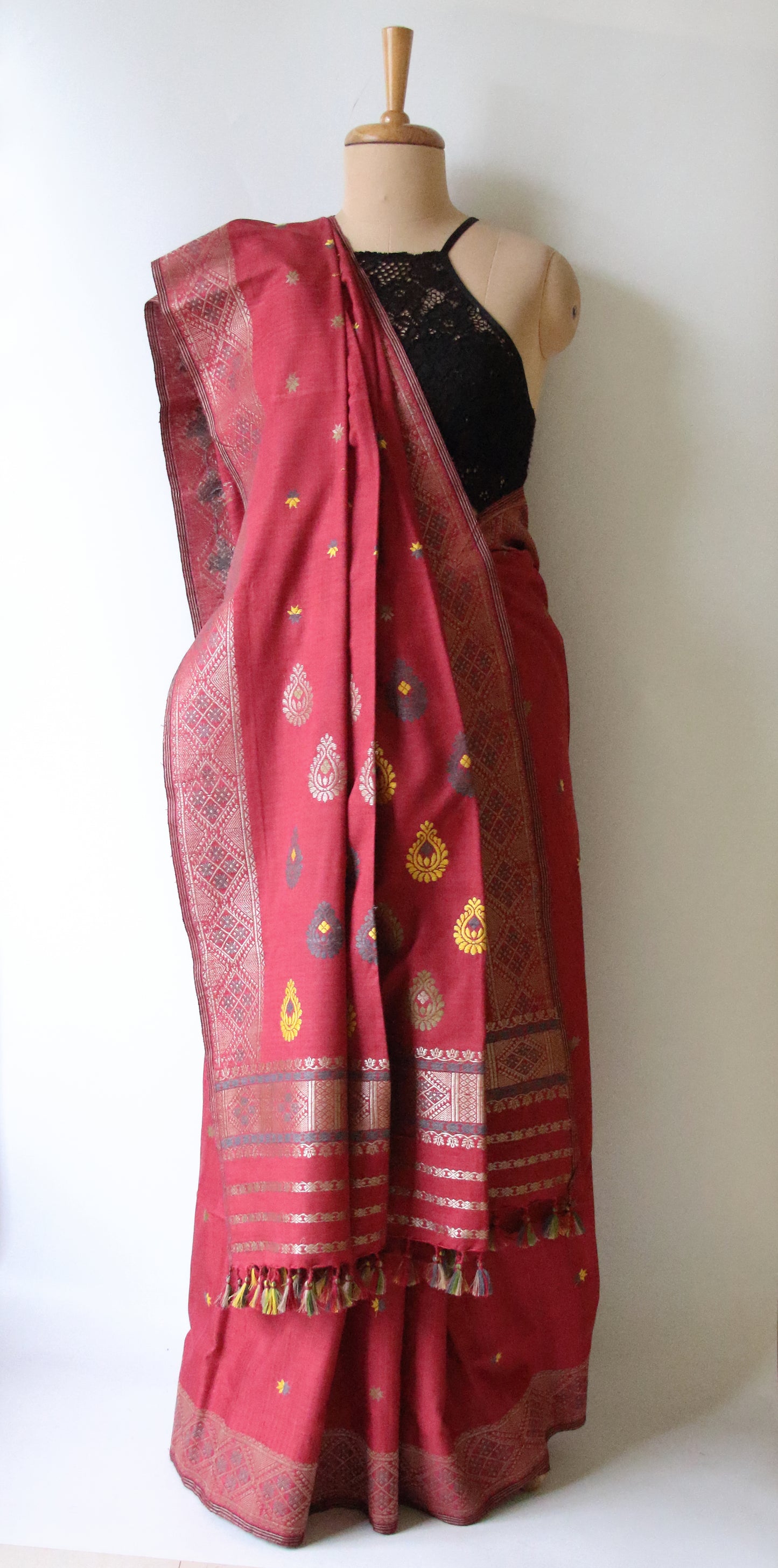 Natural Dyed Maroon Handloom Eri Silk  Sari from Assam