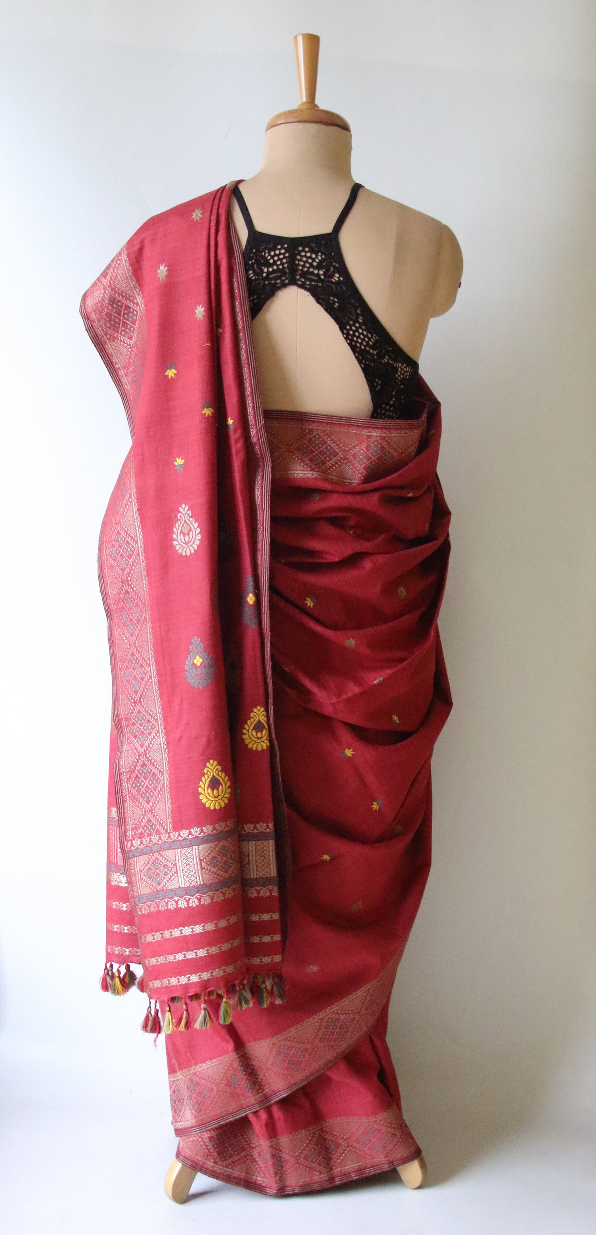 Natural Dyed Maroon Handloom Eri Silk  Sari from Assam