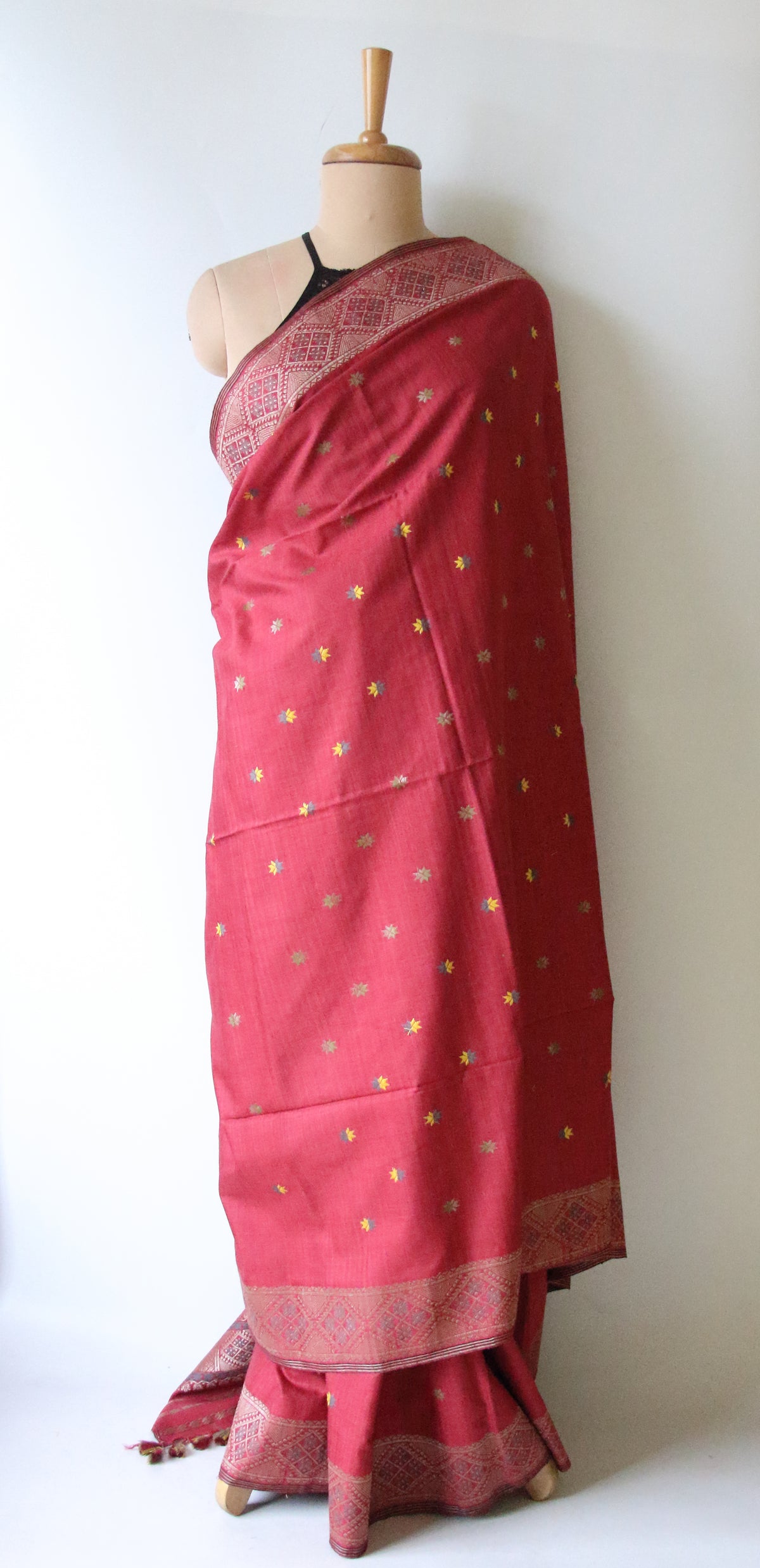 Natural Dyed Maroon Handloom Eri Silk  Sari from Assam