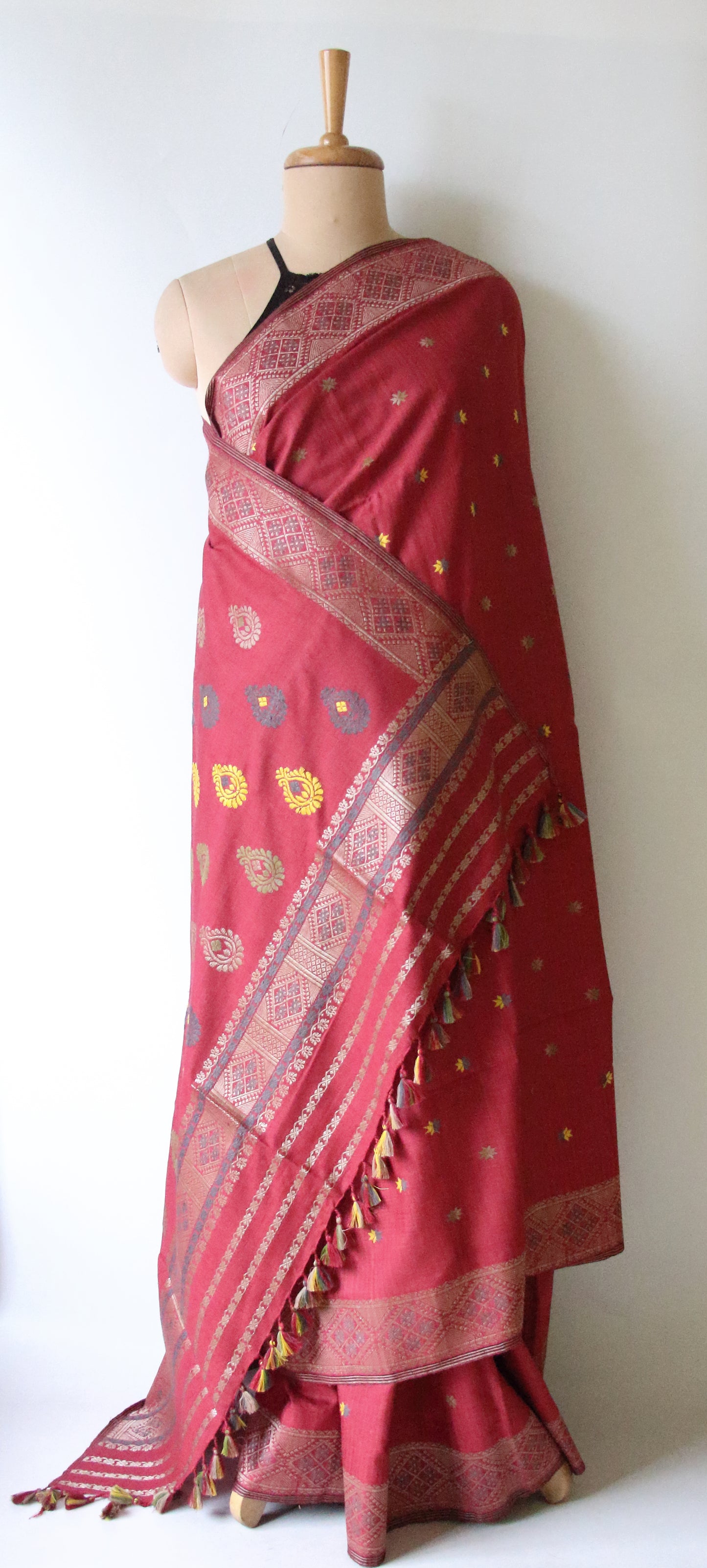 Natural Dyed Maroon Handloom Eri Silk  Sari from Assam