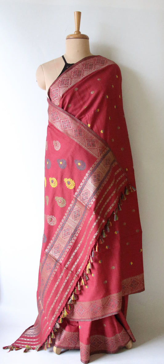 Natural Dyed Maroon Handloom Eri Silk  Sari from Assam