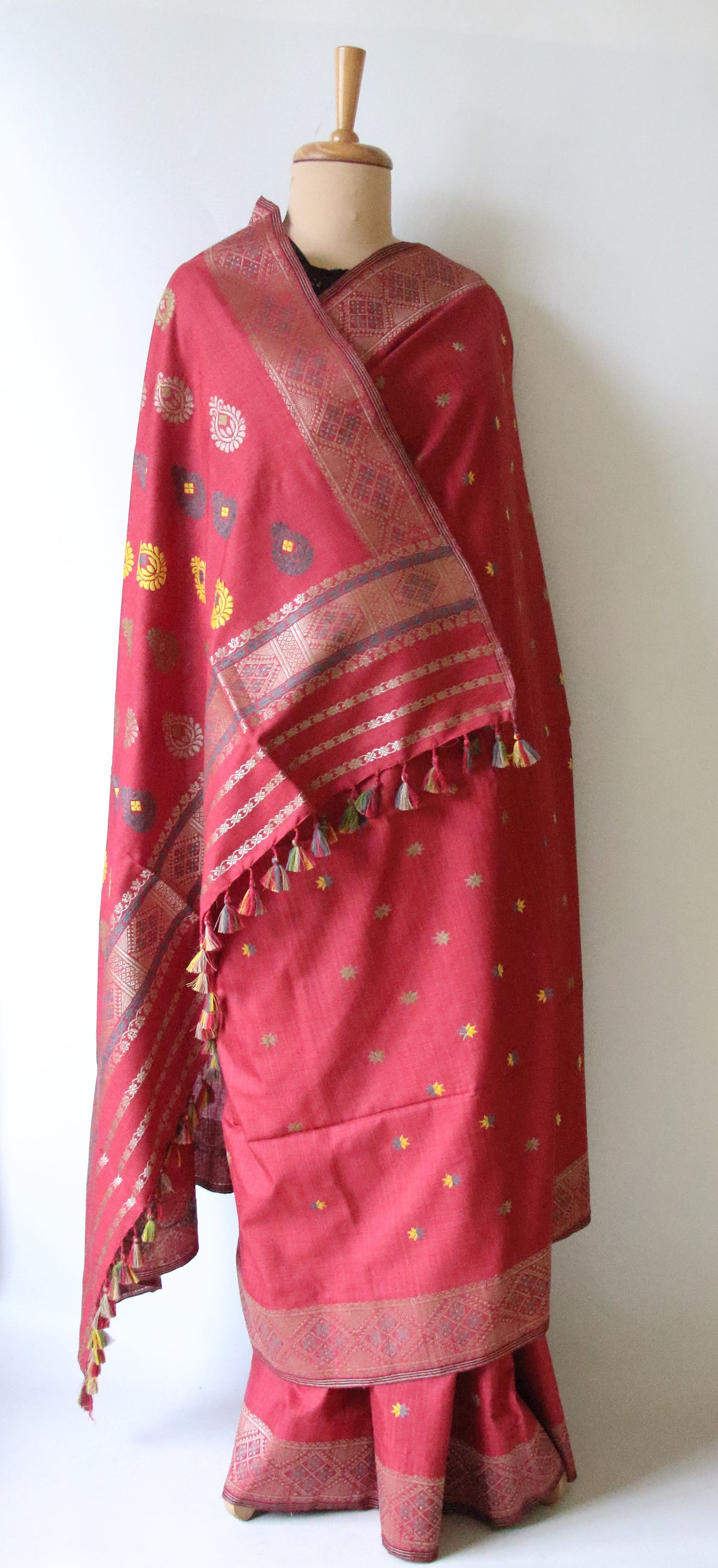Natural Dyed Maroon Handloom Eri Silk  Sari from Assam