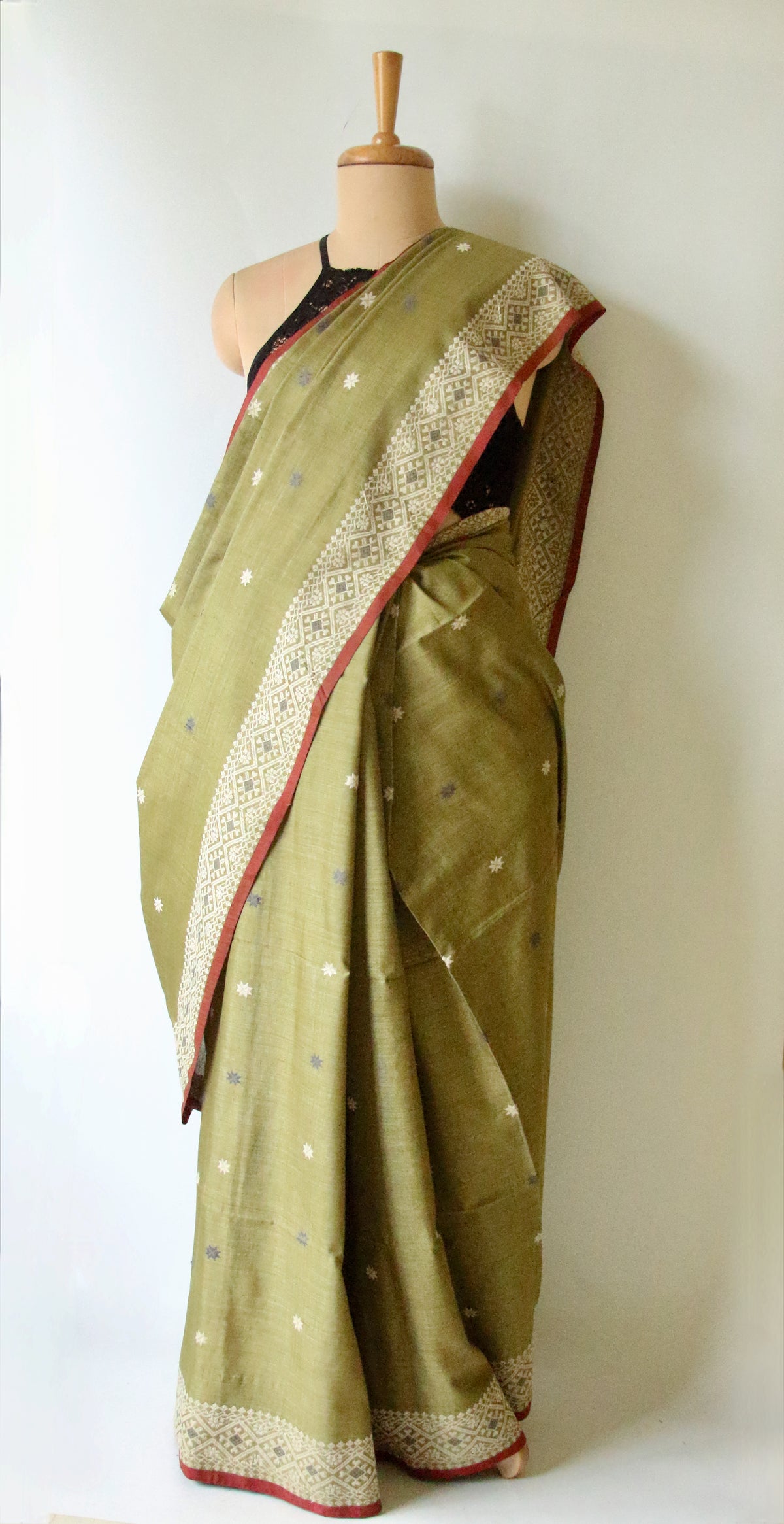 Natural Dyed Green Handloom Eri Silk  Sari from Assam