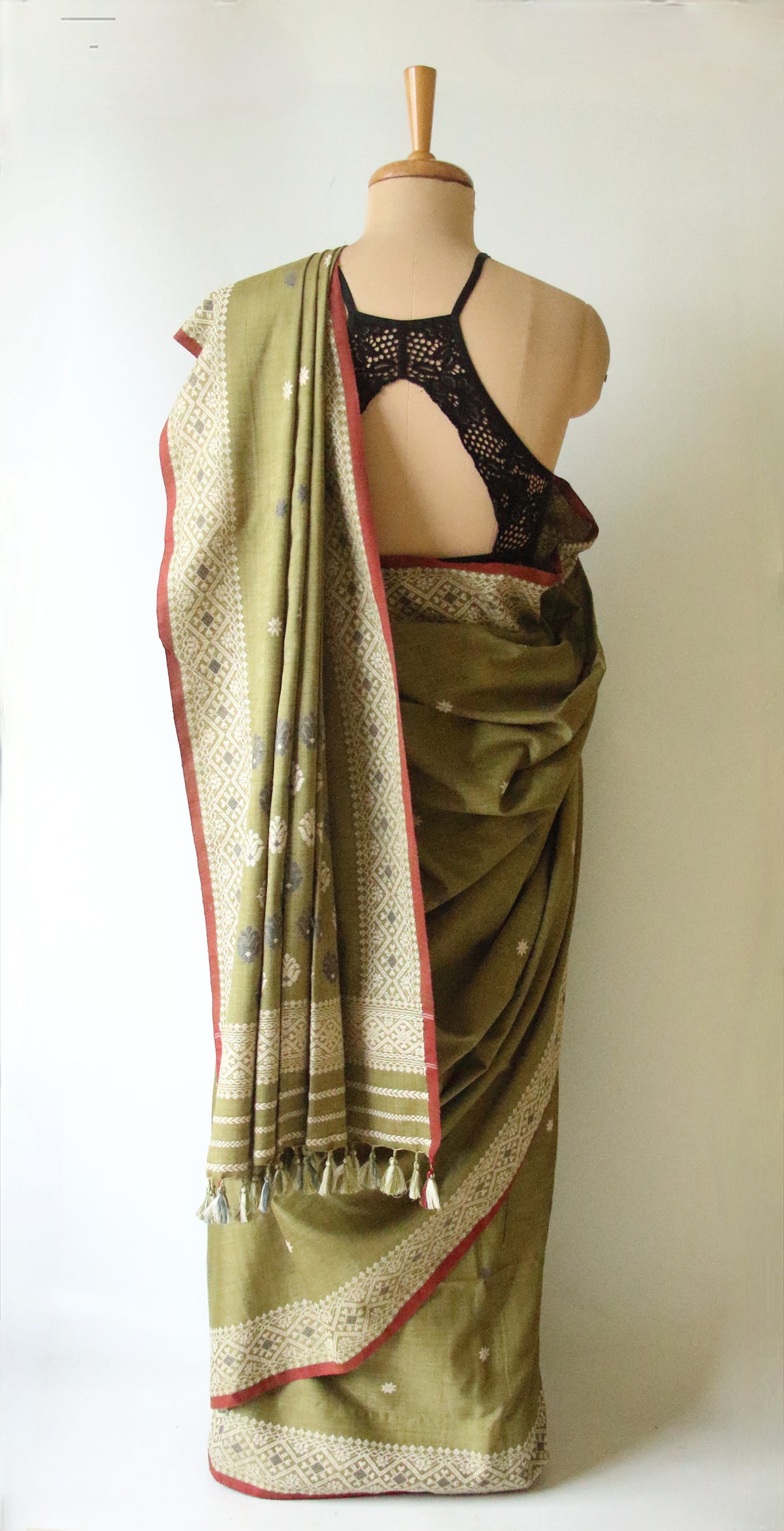 Natural Dyed Green Handloom Eri Silk  Sari from Assam