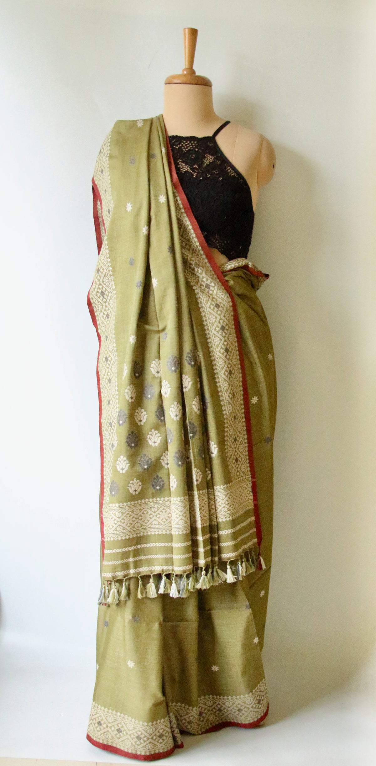 Natural Dyed Green Handloom Eri Silk  Sari from Assam