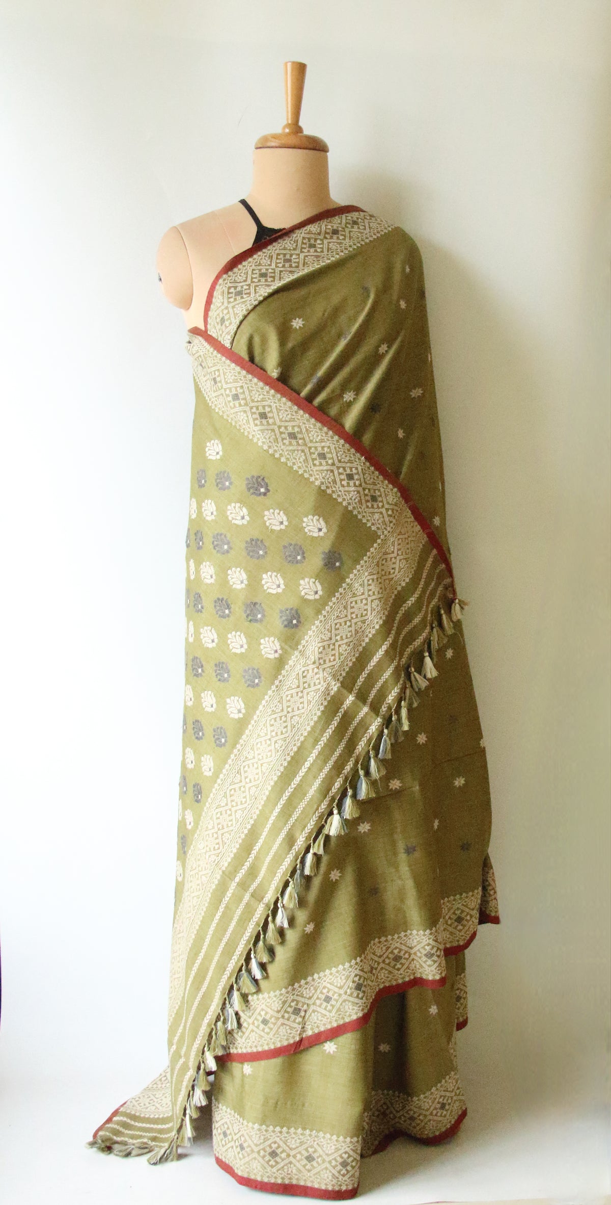 Natural Dyed Green Handloom Eri Silk  Sari from Assam