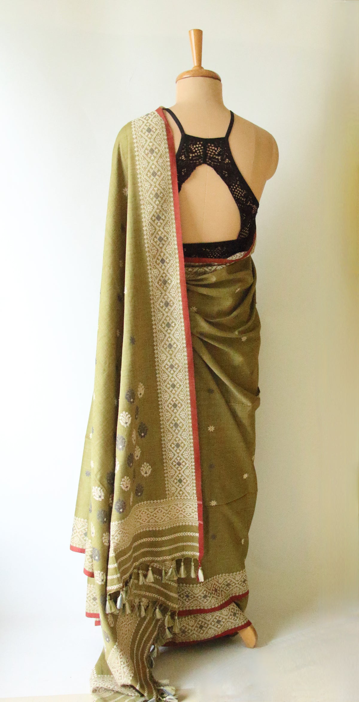 Natural Dyed Green Handloom Eri Silk  Sari from Assam