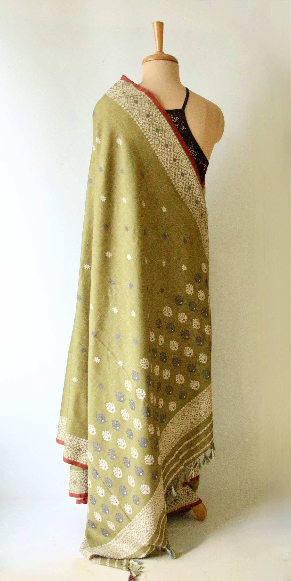 Natural Dyed Green Handloom Eri Silk  Sari from Assam