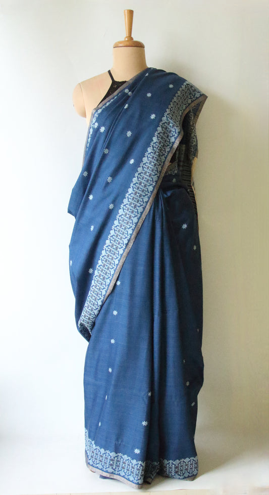 Natural Dyed Indigo Handloom Eri Silk  Sari from Assam