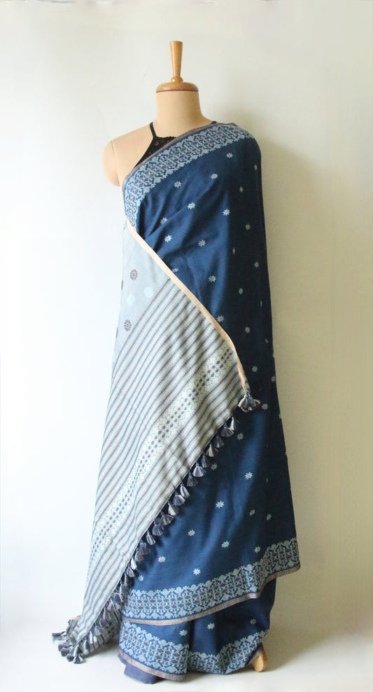 Natural Dyed Indigo Handloom Eri Silk  Sari from Assam