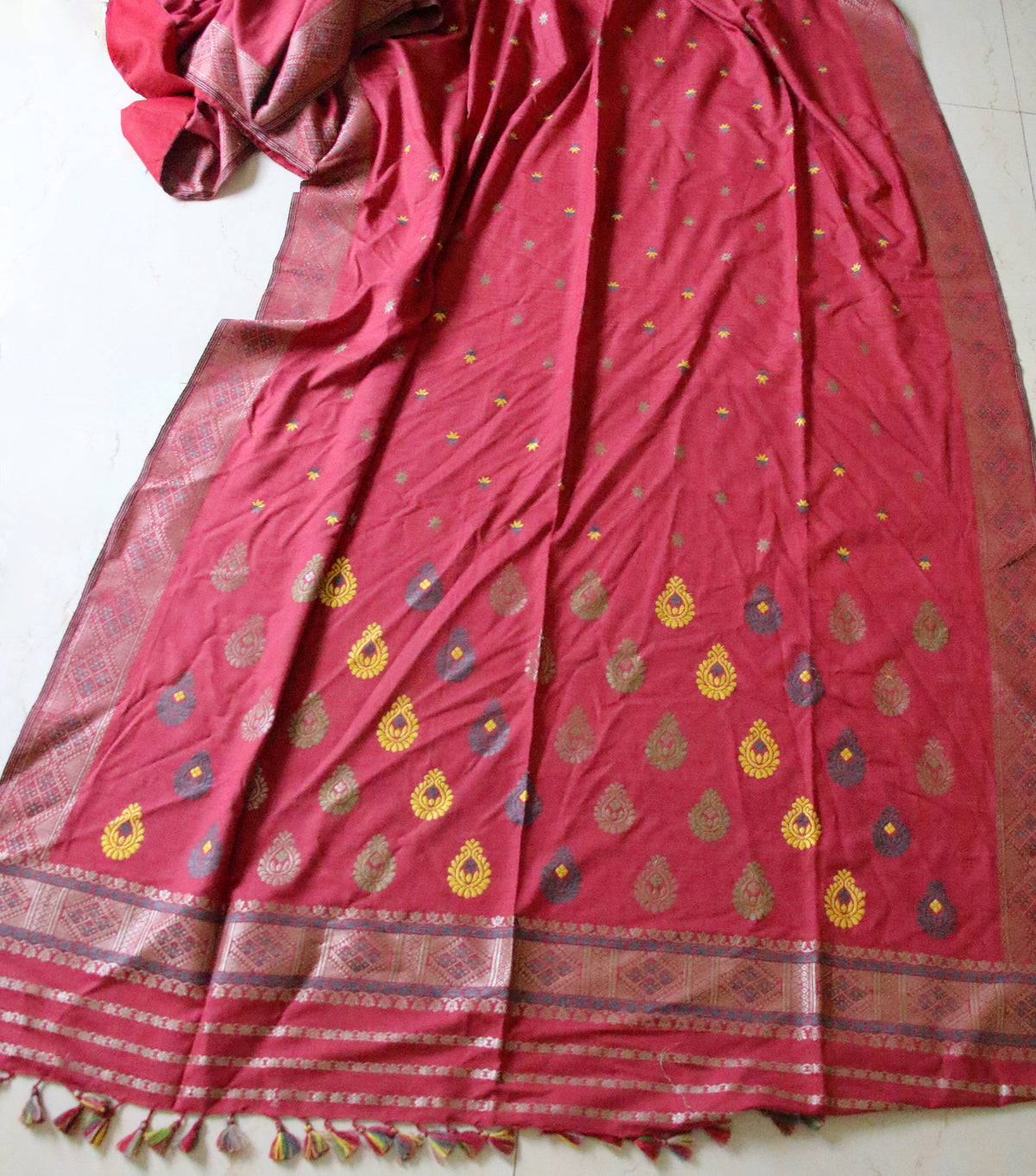 Natural Dyed Maroon Handloom Eri Silk  Sari from Assam
