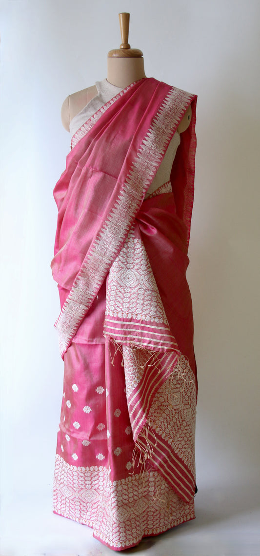 Pink Colour Tassar Silk & Mulberry Silk  Mekhla Chador Set