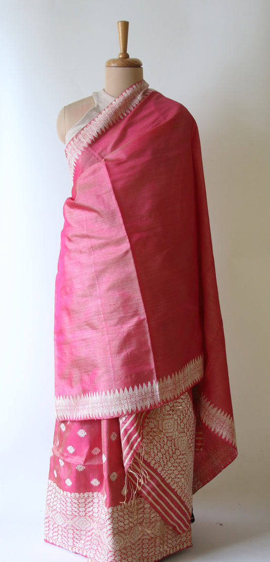 Pink Colour Tassar Silk & Mulberry Silk  Mekhla Chador Set