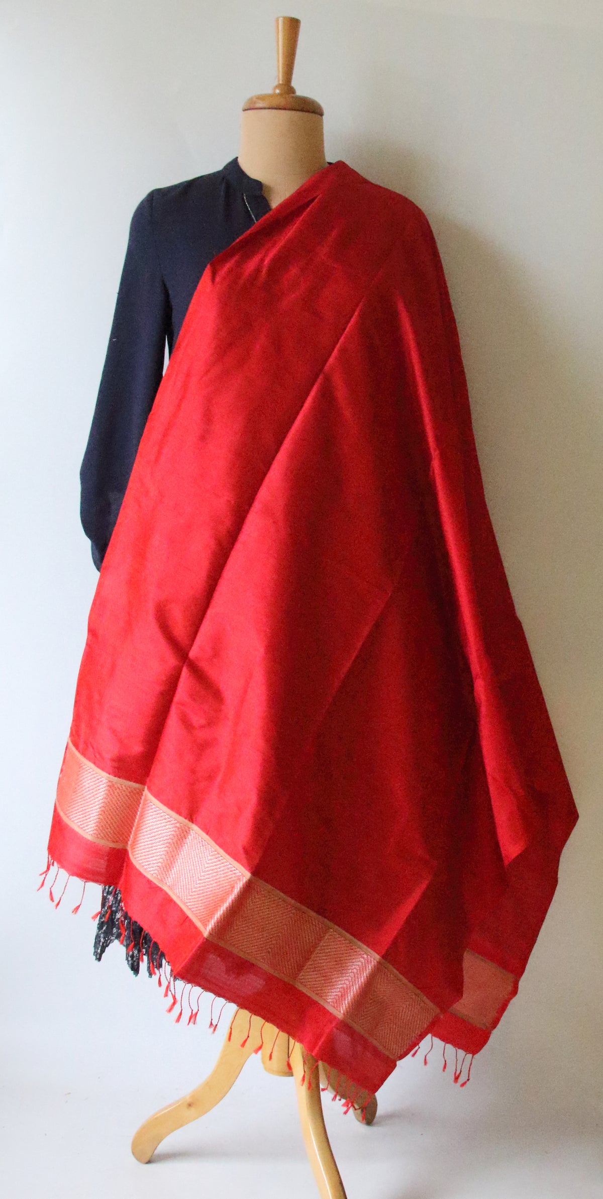 Deep Red Handwoven Mulberry Silk Scarf / Stole from Assam