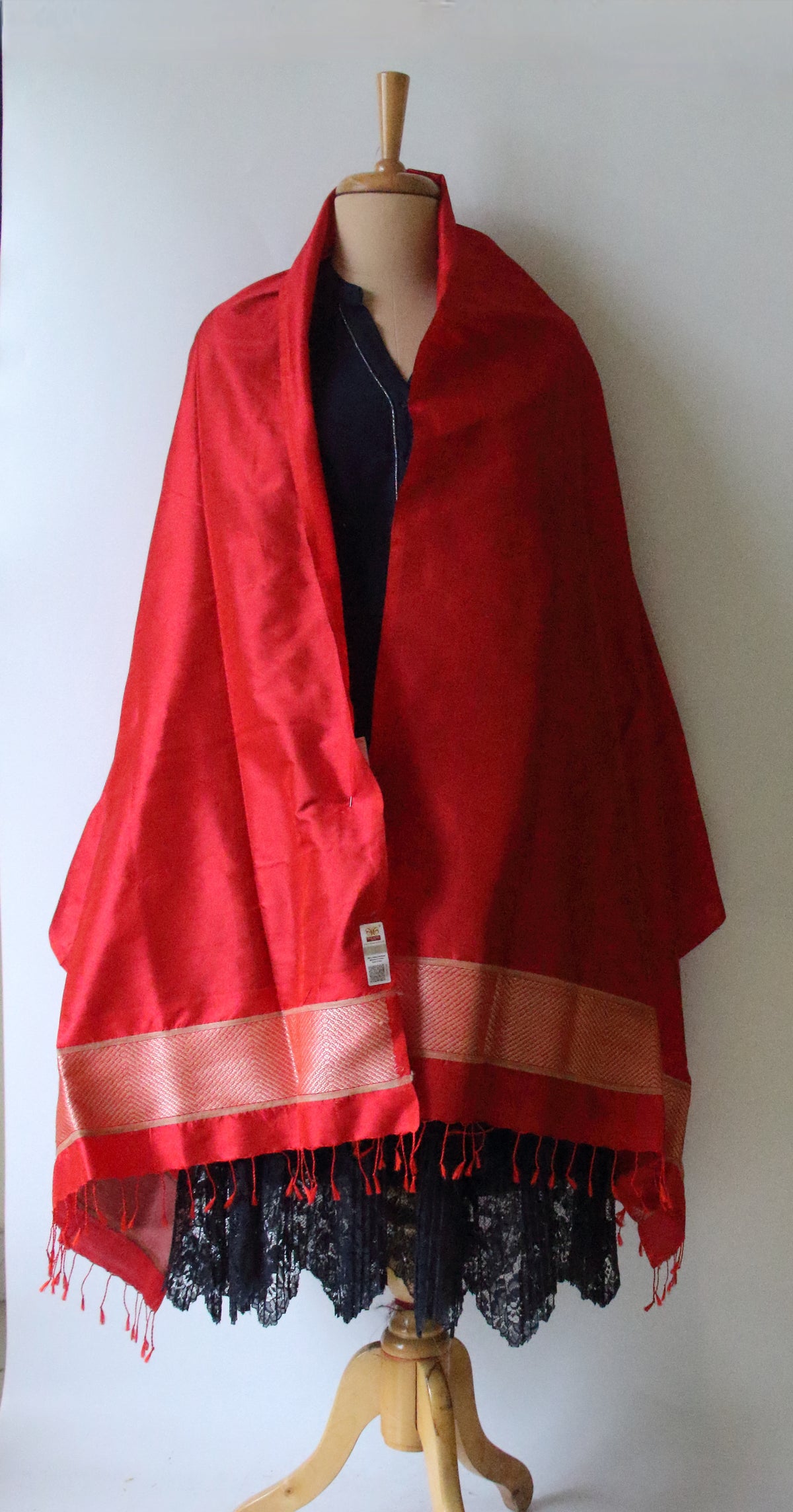 Deep Red Handwoven Mulberry Silk Scarf / Stole from Assam