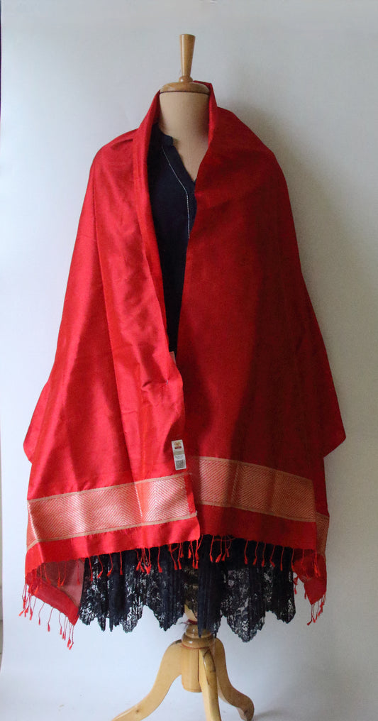 Deep Red Handwoven Mulberry Silk Scarf / Stole from Assam
