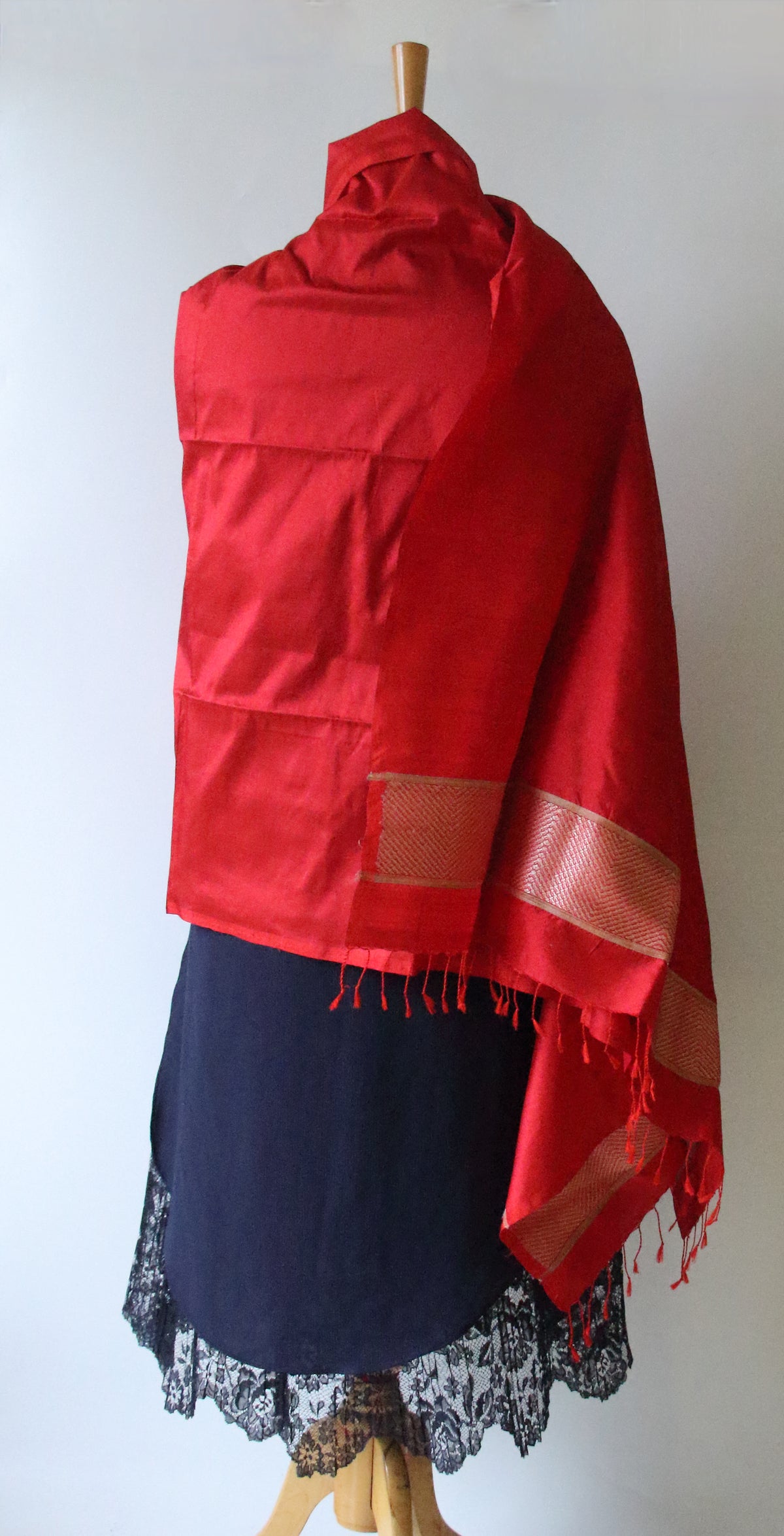 Deep Red Handwoven Mulberry Silk Scarf / Stole from Assam