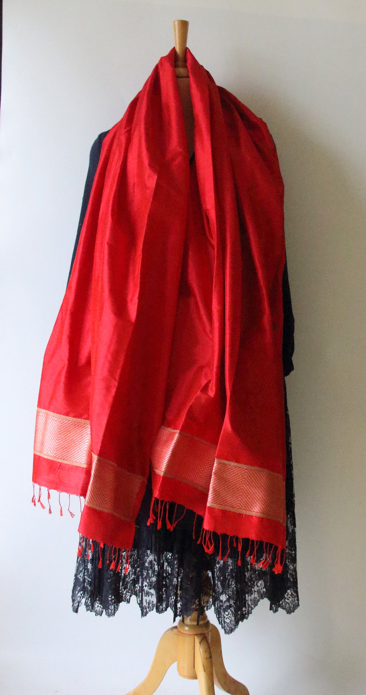 Deep Red Handwoven Mulberry Silk Scarf / Stole from Assam