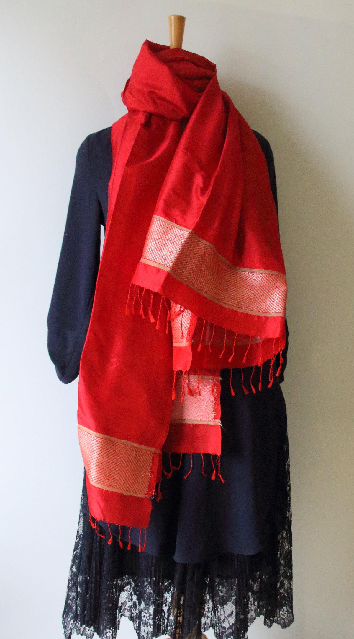 Deep Red Handwoven Mulberry Silk Scarf / Stole from Assam