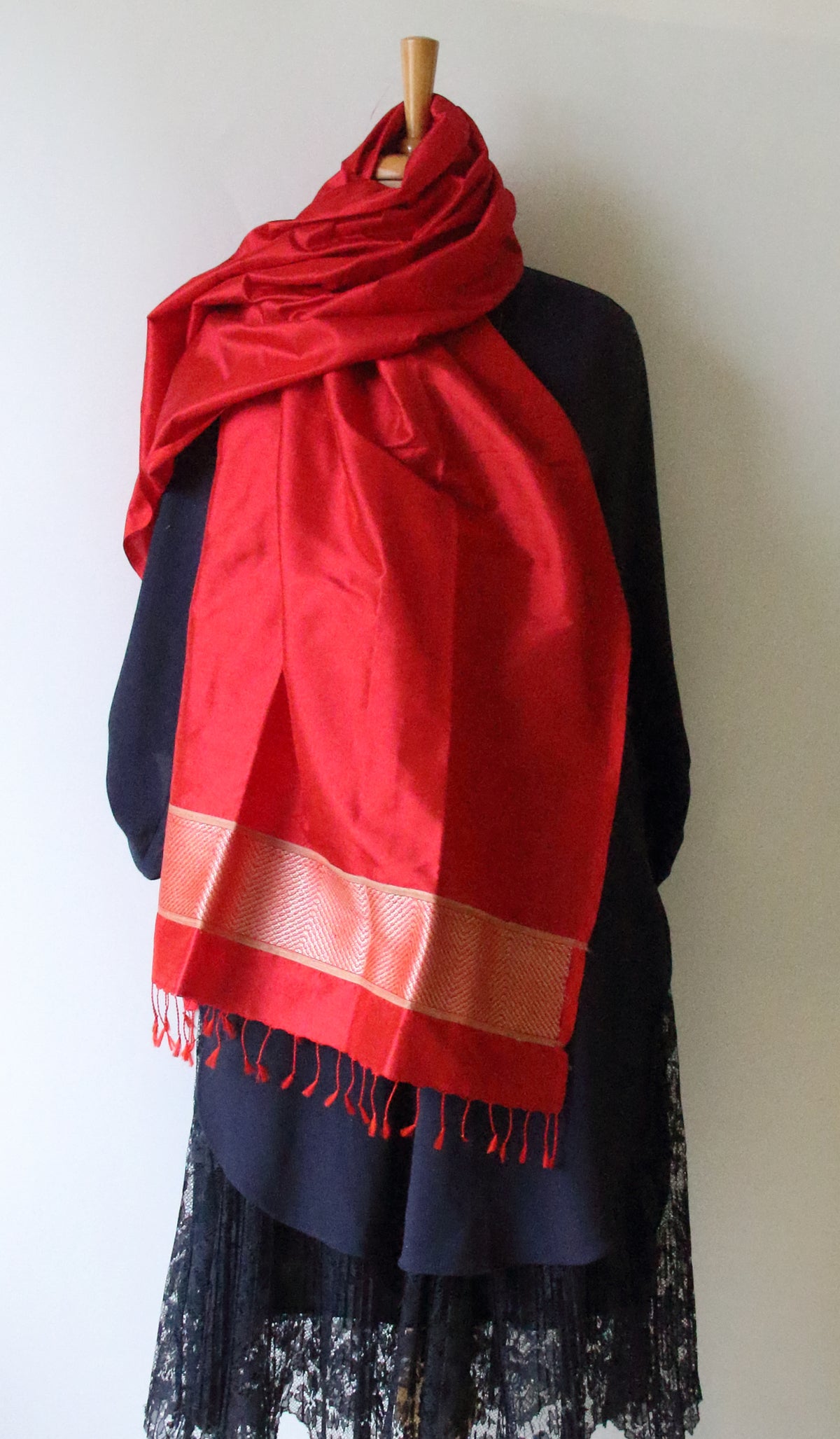 Deep Red Handwoven Mulberry Silk Scarf / Stole from Assam