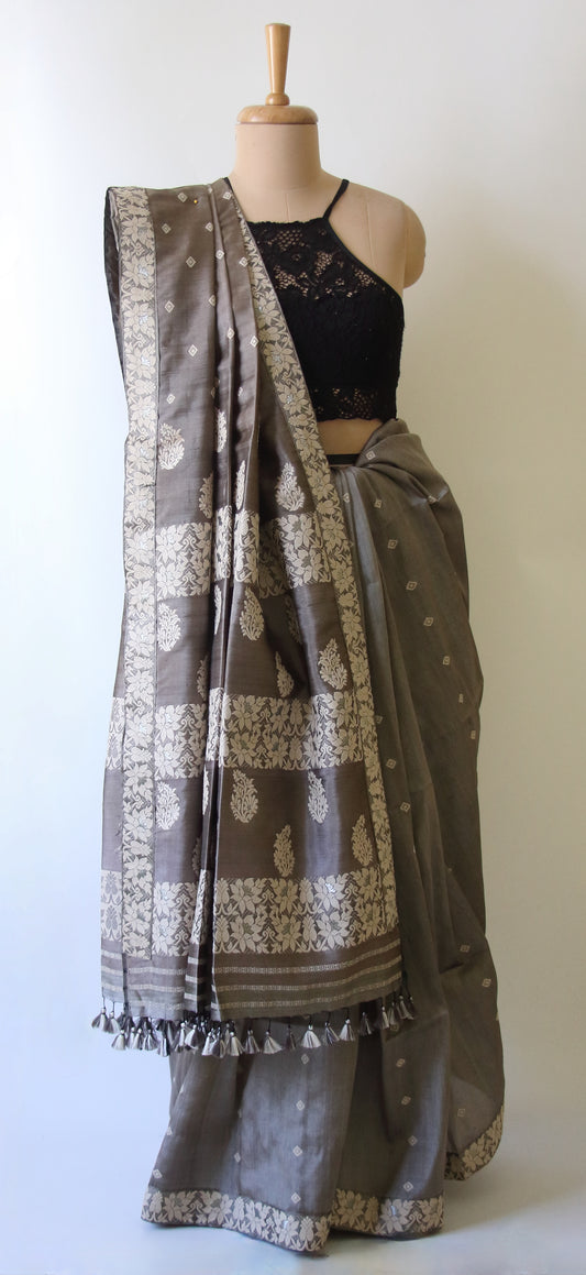 Dull Green Grey Colour Handloom Silk Saree from Assam -Made to Order