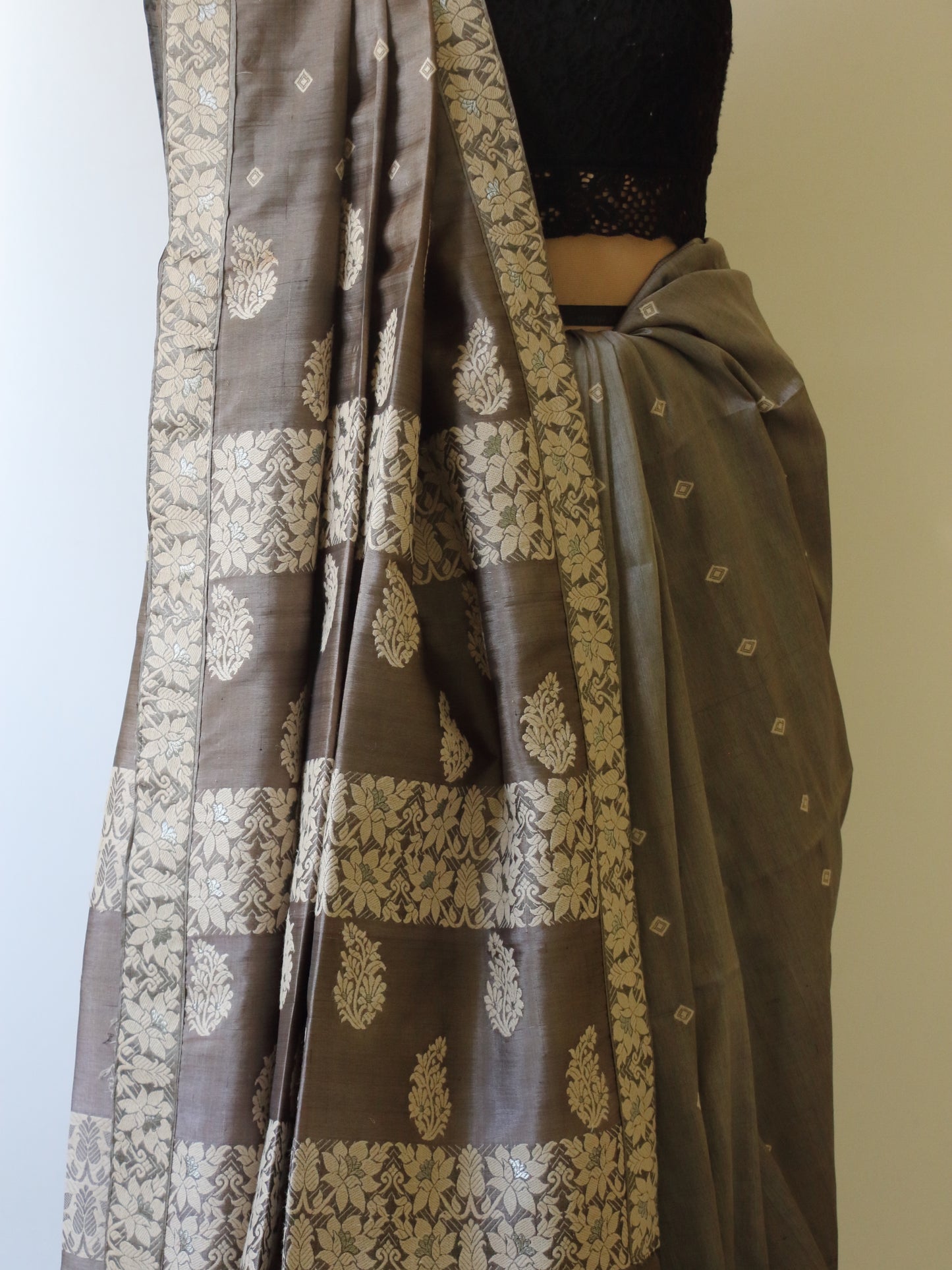Dull Green Grey Colour Handloom Silk Saree from Assam -Made to Order