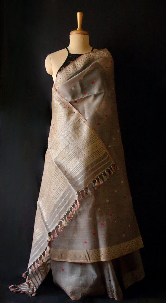Natural Dyed  Handloom Organza  Silk Sari From Assam , India