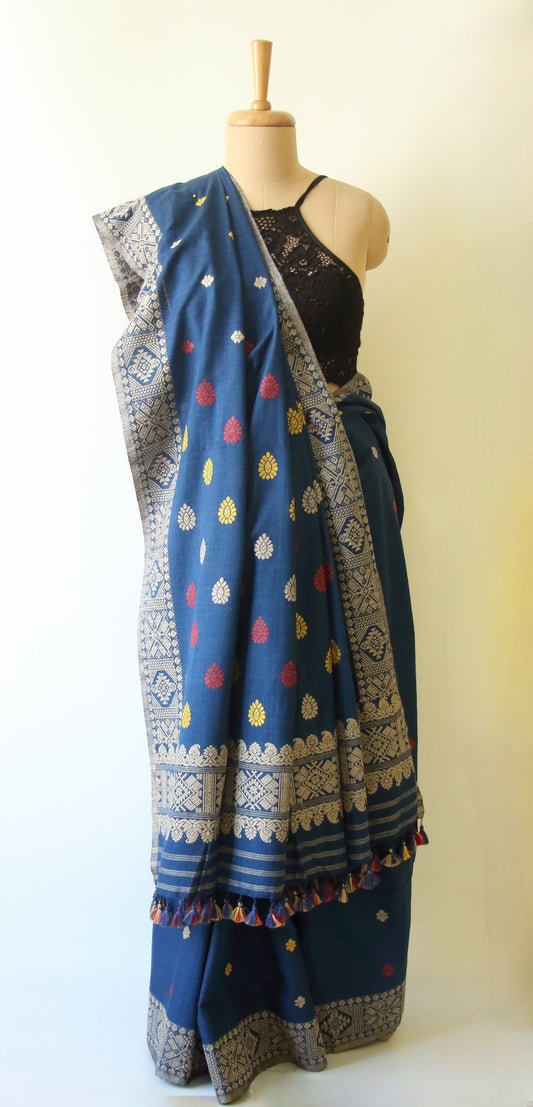 Natural Dyed Indigo Handloom Eri Silk  Sari from Assam
