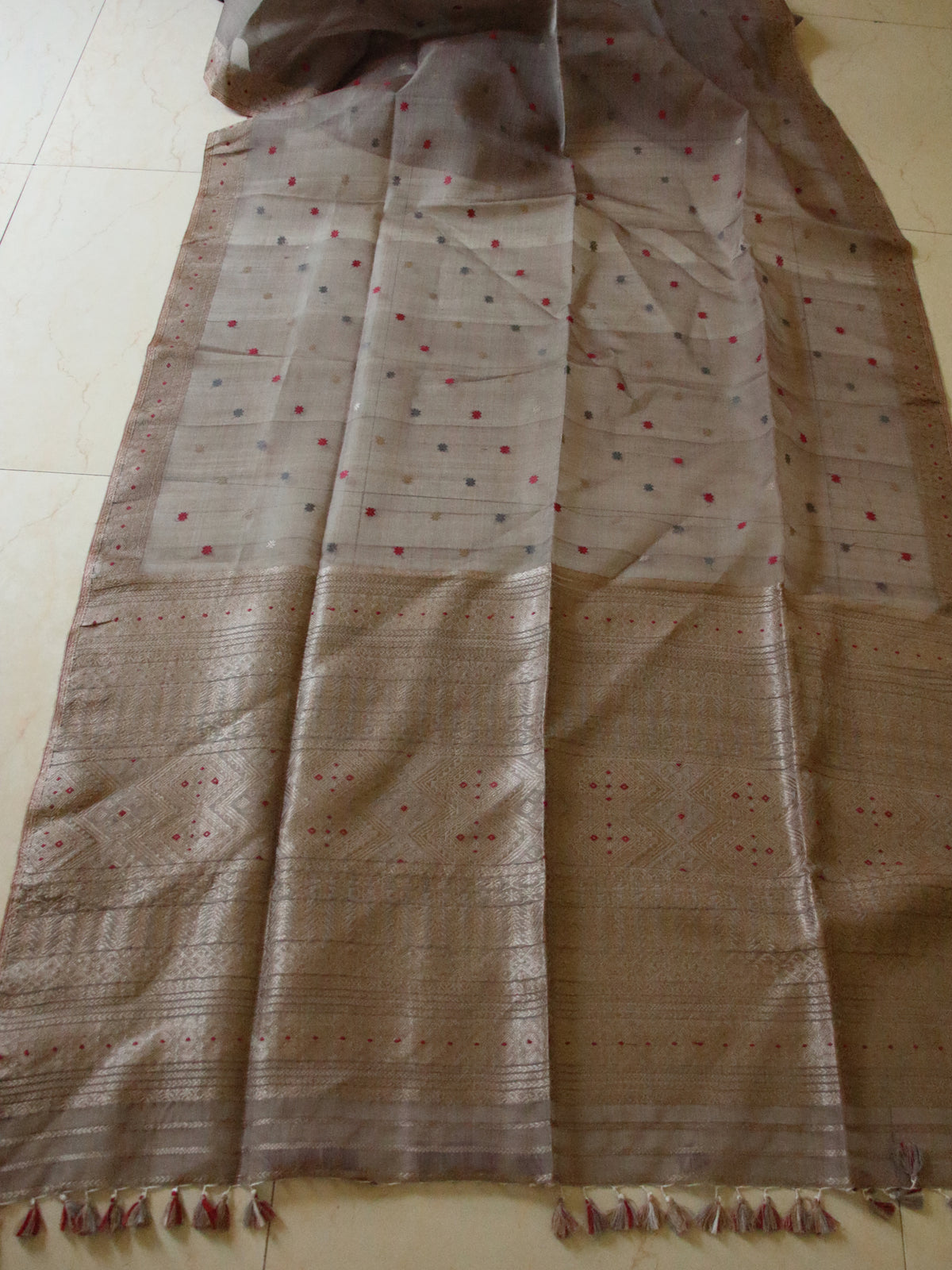 Natural Dyed  Handloom Organza  Silk Sari From Assam , India
