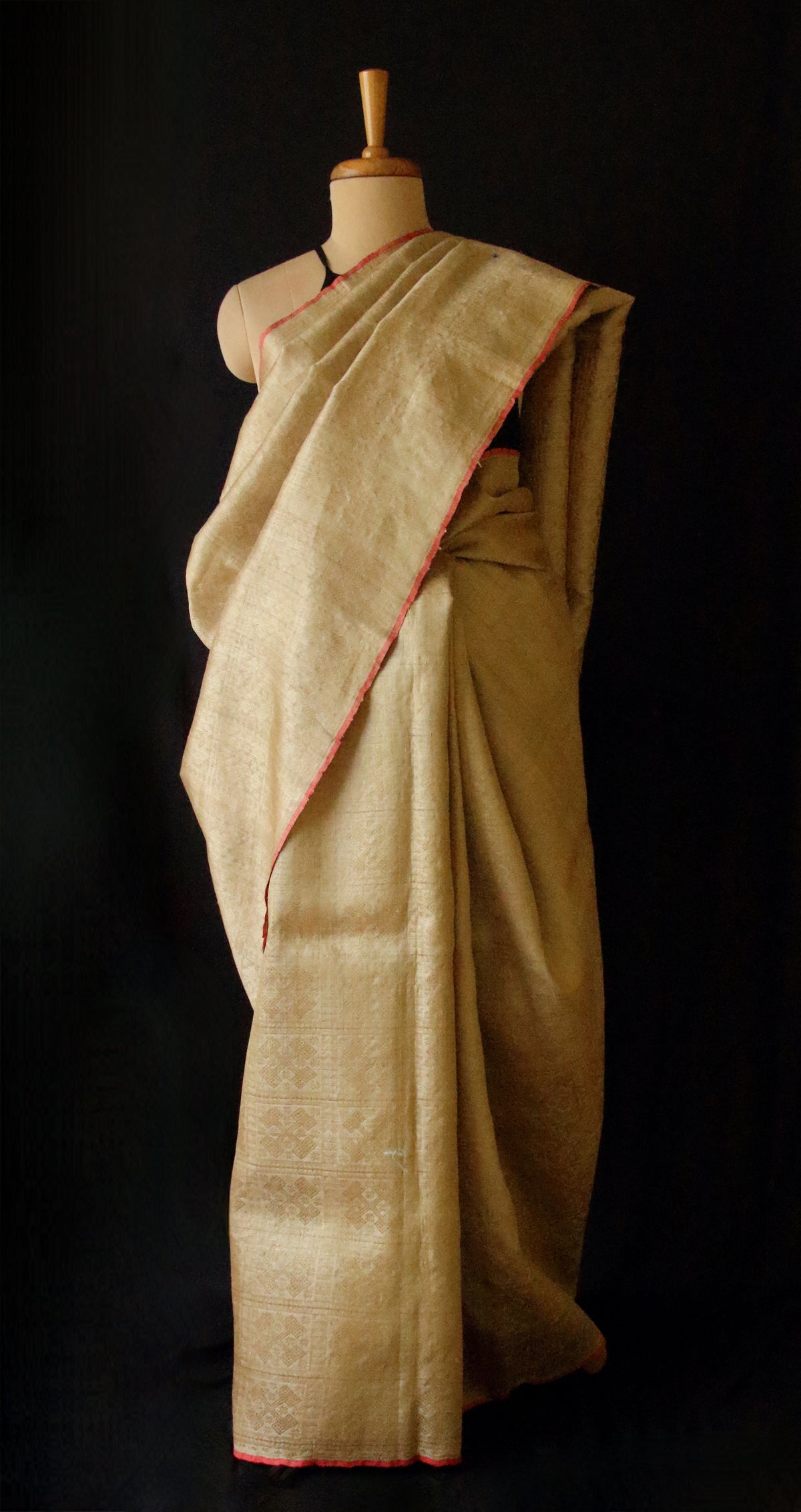 Luxurious Golden All Over Patterned Muga Silk Saree from Assam