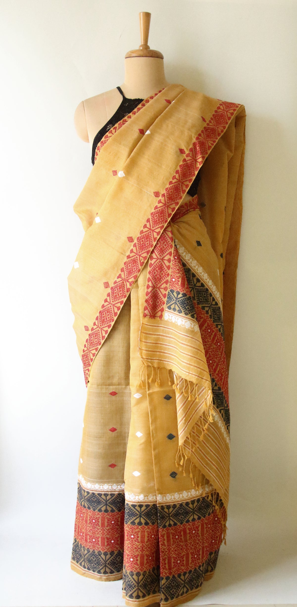 Natural Dyed  Yellow Cotton Silk Handloom Mekhela Chador Set from Assam
