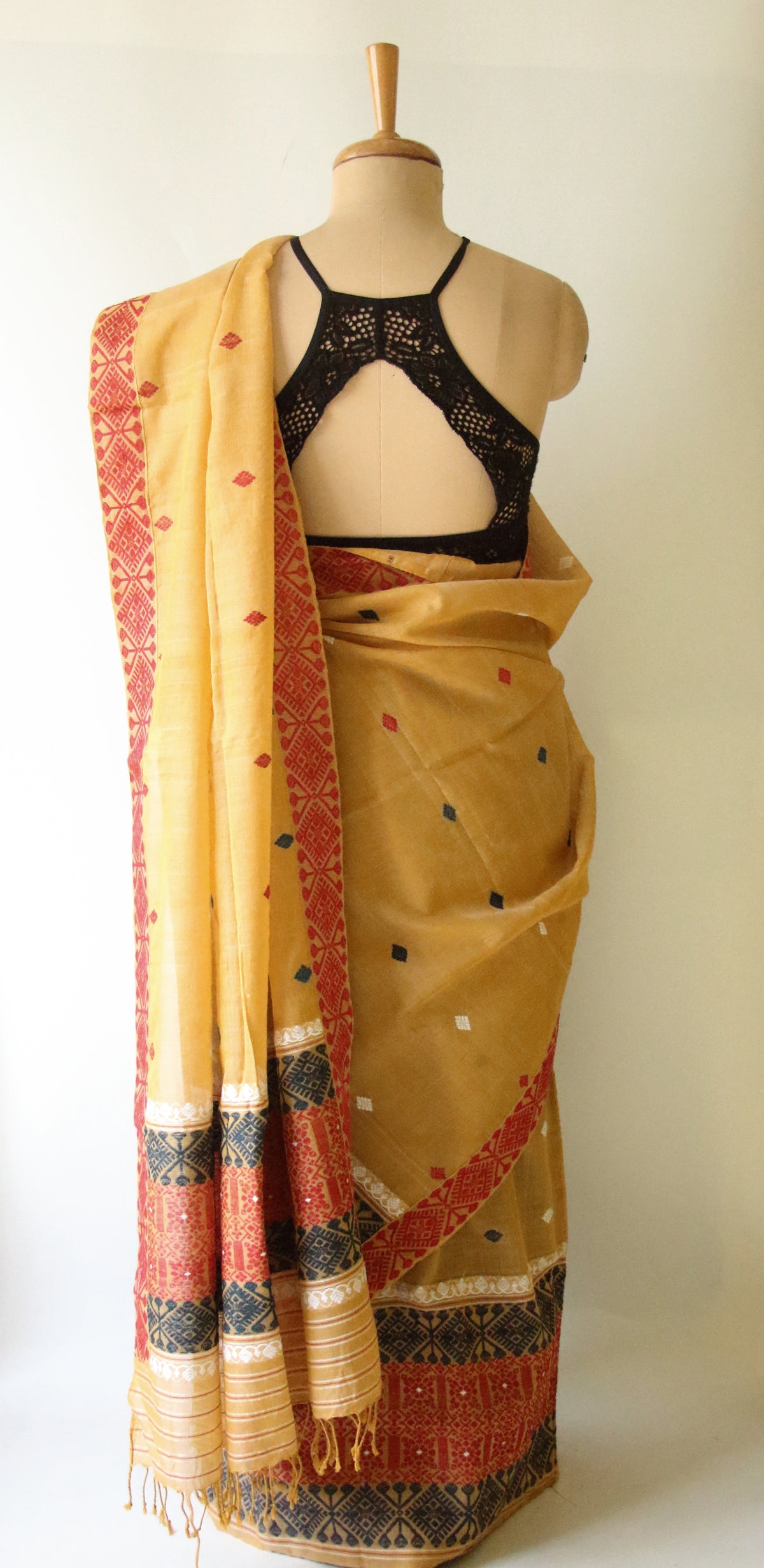 Natural Dyed  Yellow Cotton Silk Handloom Mekhela Chador Set from Assam