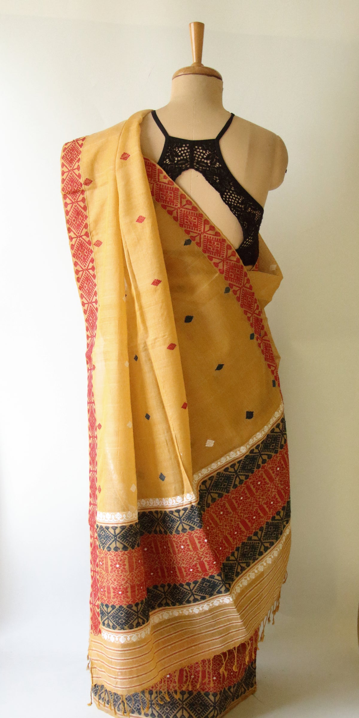 Natural Dyed  Yellow Cotton Silk Handloom Mekhela Chador Set from Assam