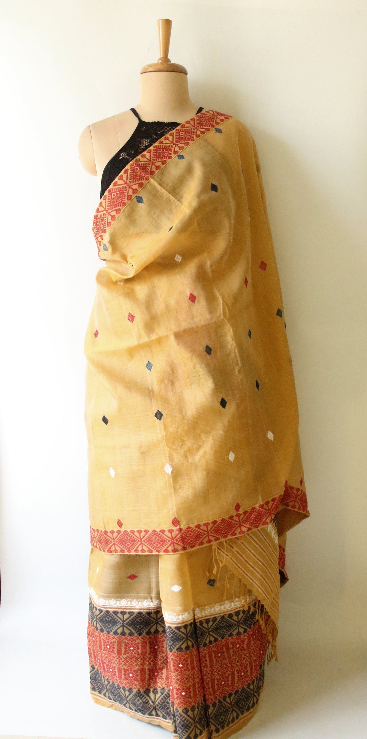Natural Dyed  Yellow Cotton Silk Handloom Mekhela Chador Set from Assam